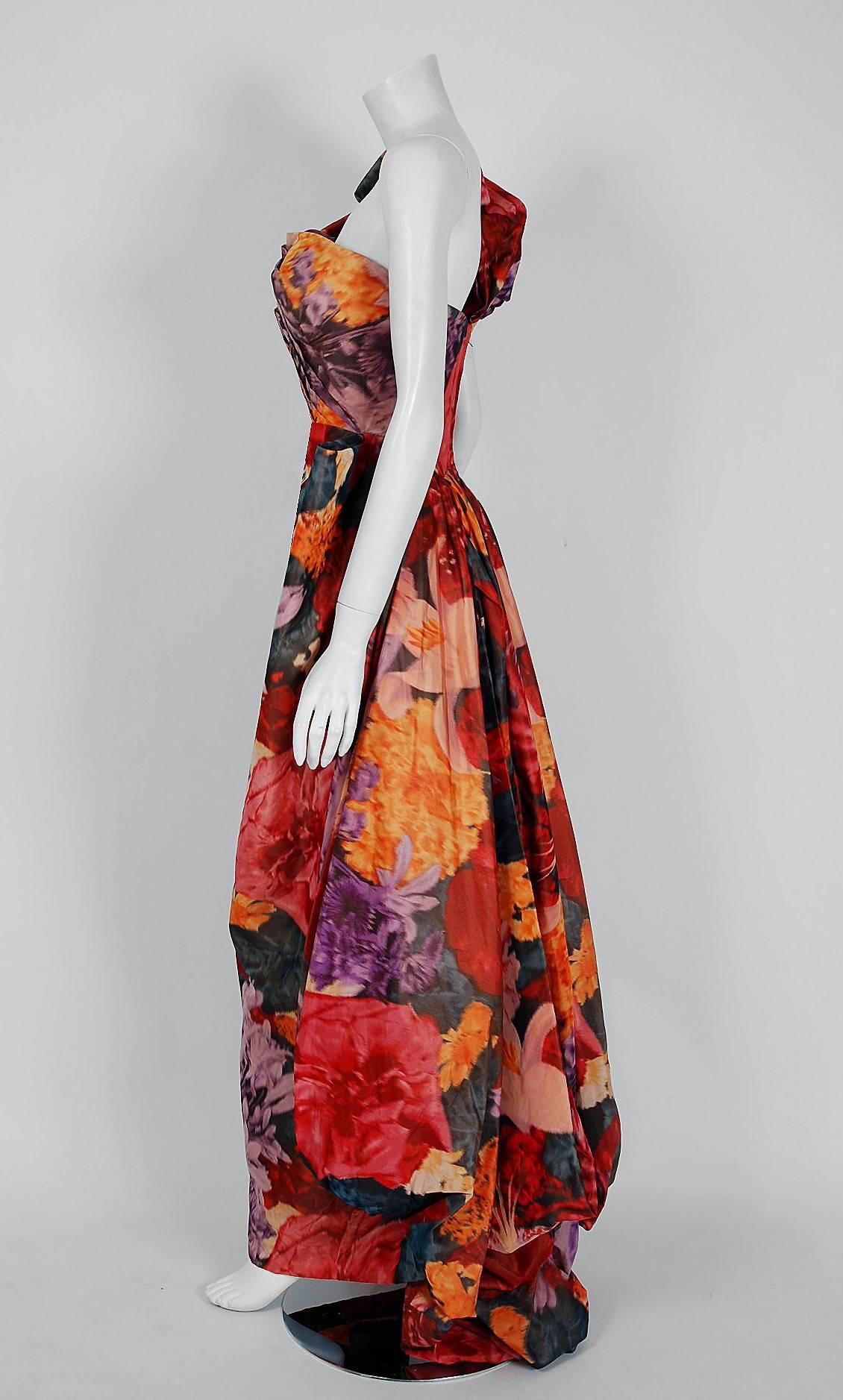 1950's Couture Watercolor Floral Print Silk One-Shoulder Draped Hourglass Gown  In Excellent Condition In Beverly Hills, CA