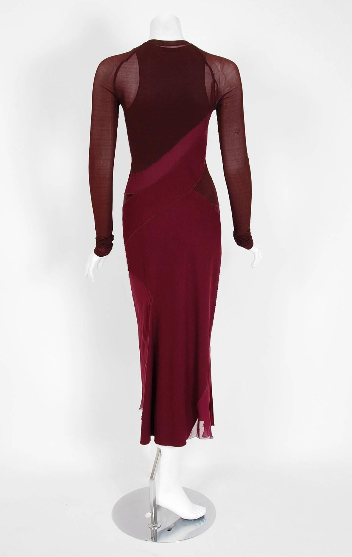 1990's Donna Karan Maroon Silk Bias-Cut Hourglass Long-Sleeve Illusion Dress In Excellent Condition In Beverly Hills, CA