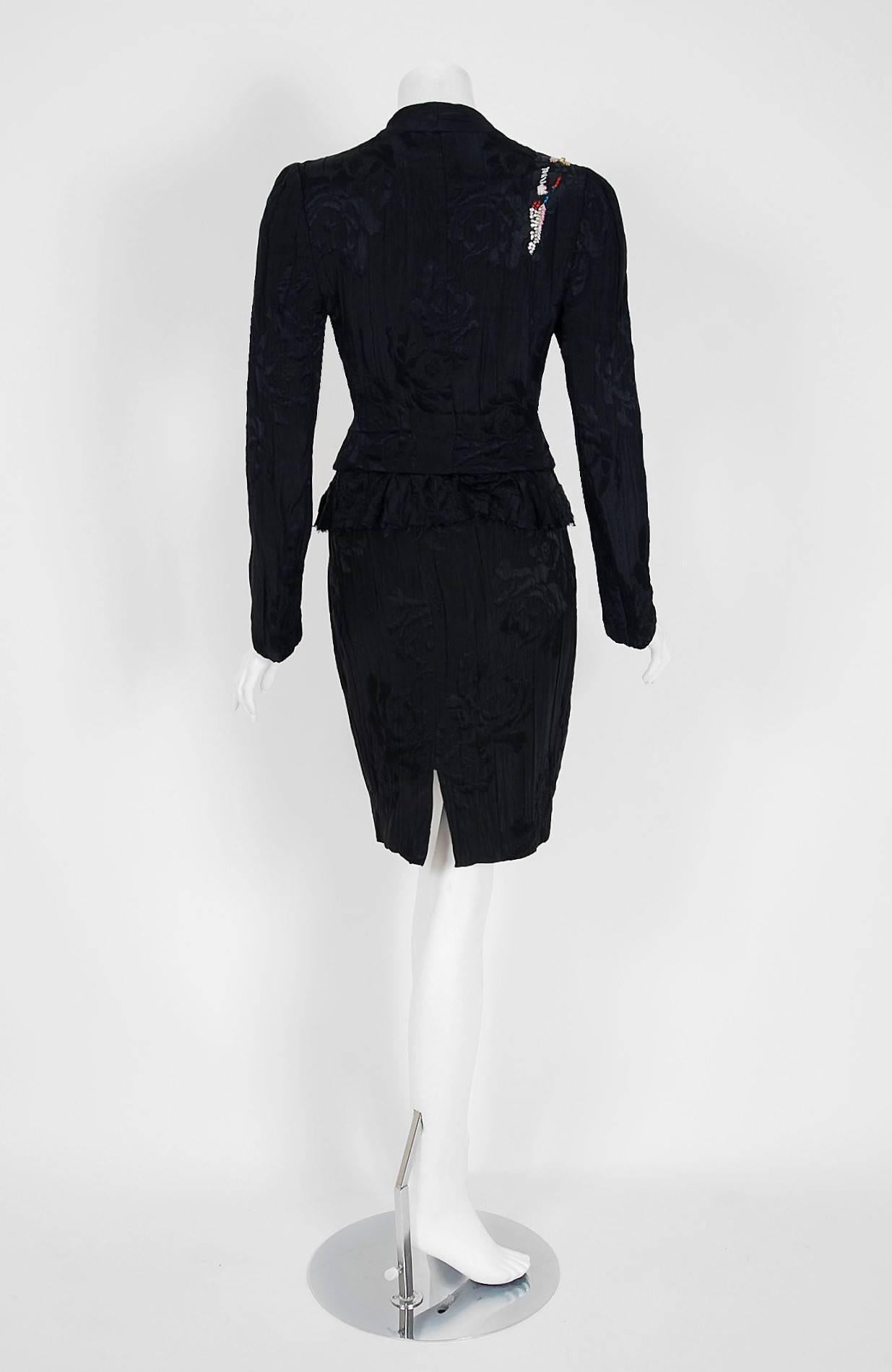 1990's Christian Lacroix Beaded Black Textured-Silk Peplum Hourglass Dress Suit 1