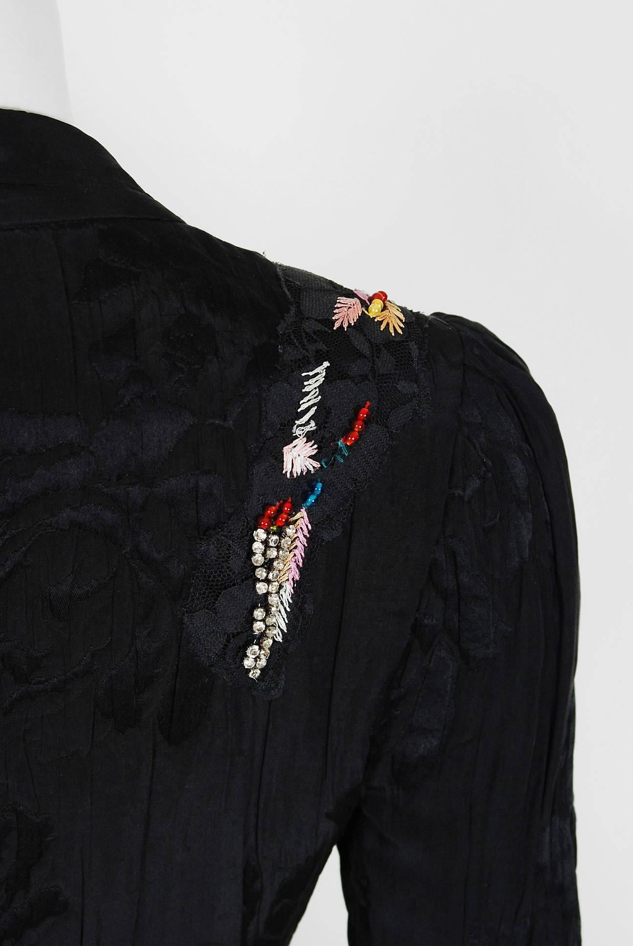 1990's Christian Lacroix Beaded Black Textured-Silk Peplum Hourglass Dress Suit 2