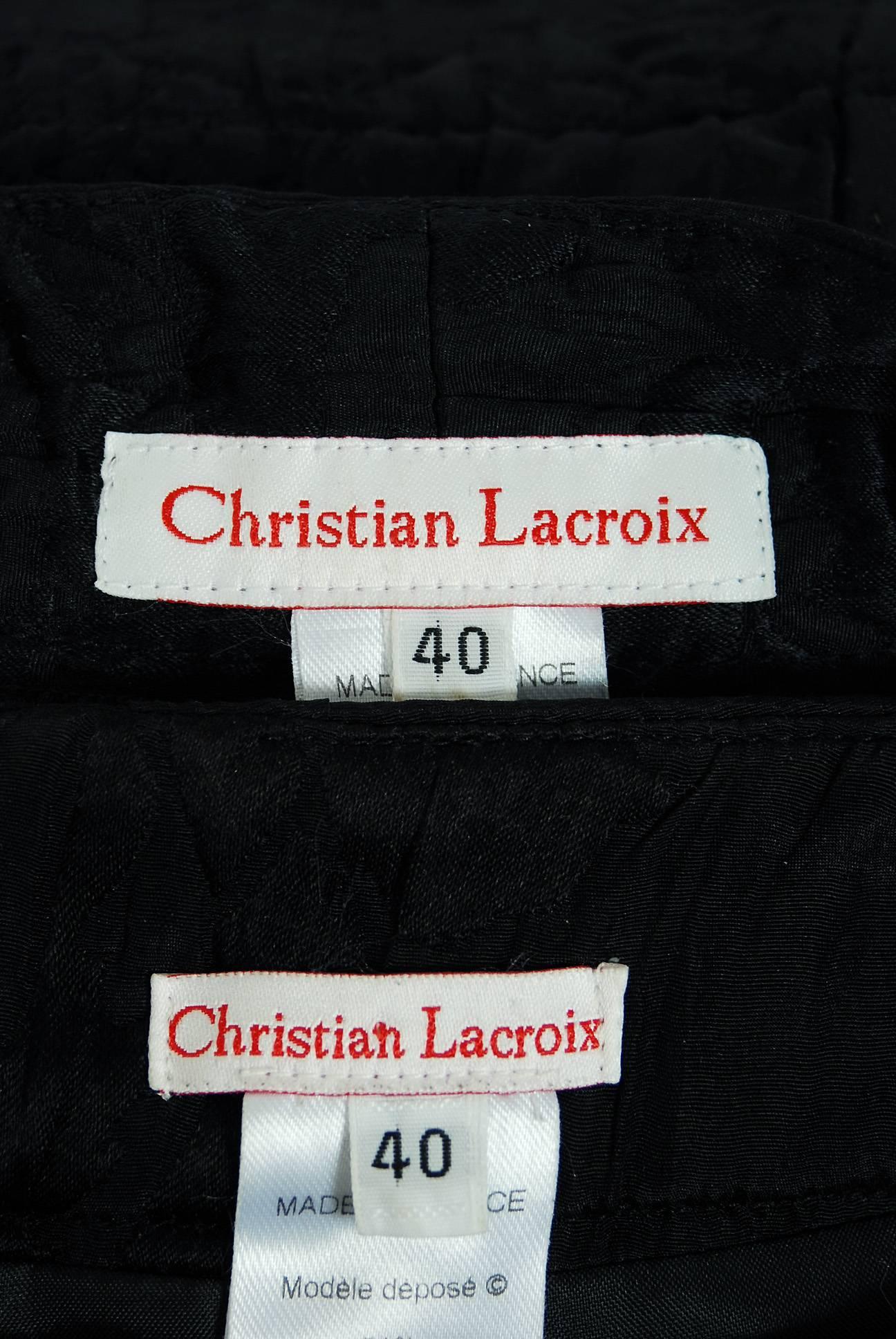 1990's Christian Lacroix Beaded Black Textured-Silk Peplum Hourglass Dress Suit 3