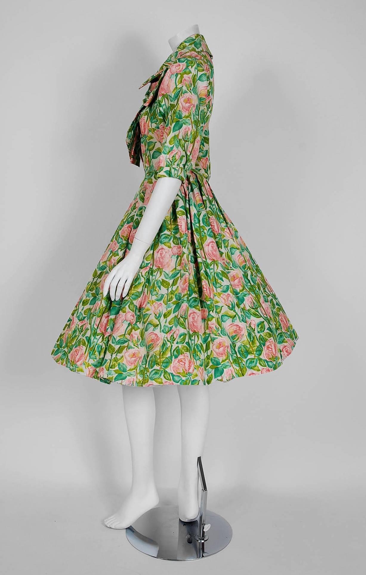 Brown 1956 Christian Dior Demi-Couture Pink Roses Floral Silk Bow-Collar Full Dress