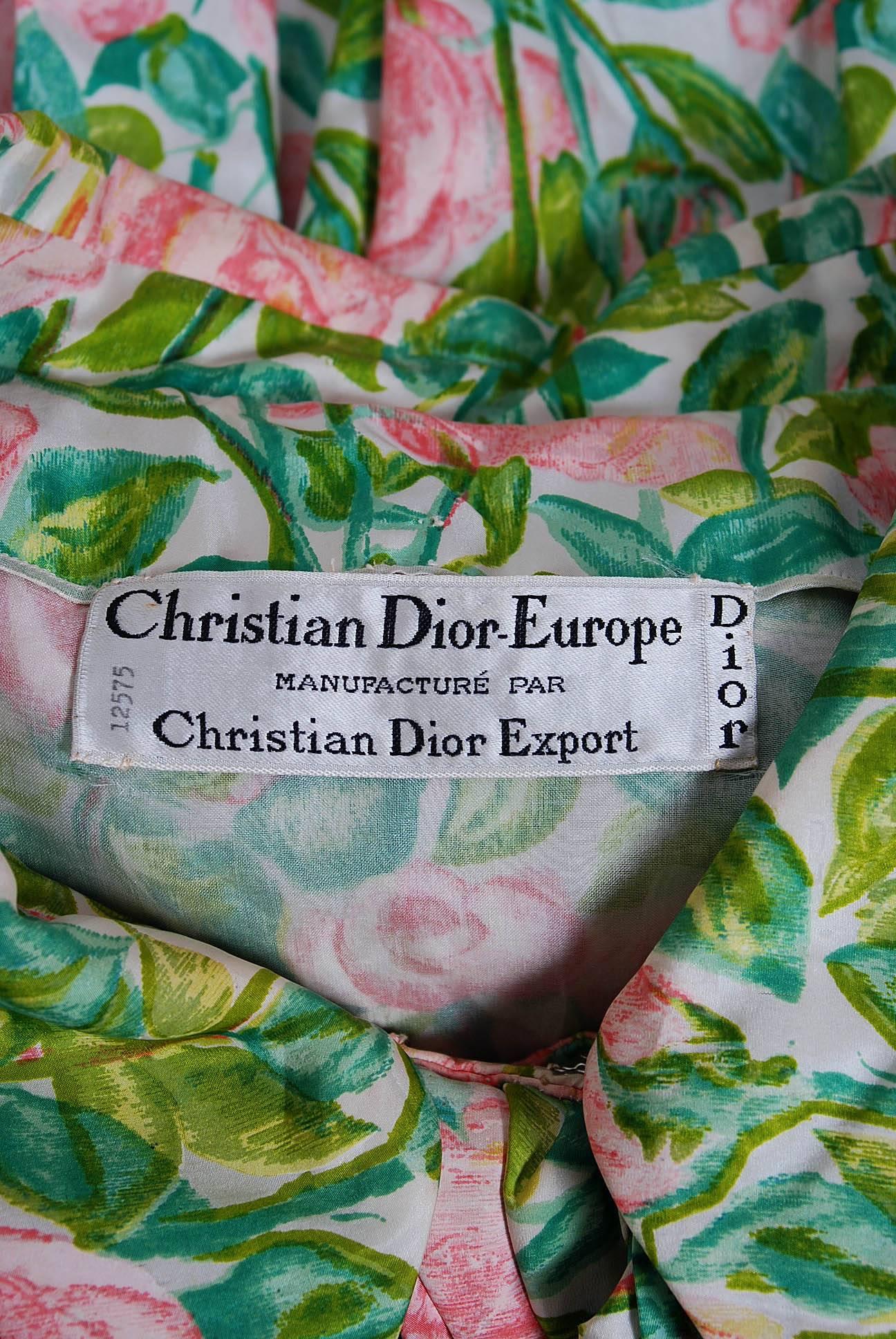 Women's 1956 Christian Dior Demi-Couture Pink Roses Floral Silk Bow-Collar Full Dress