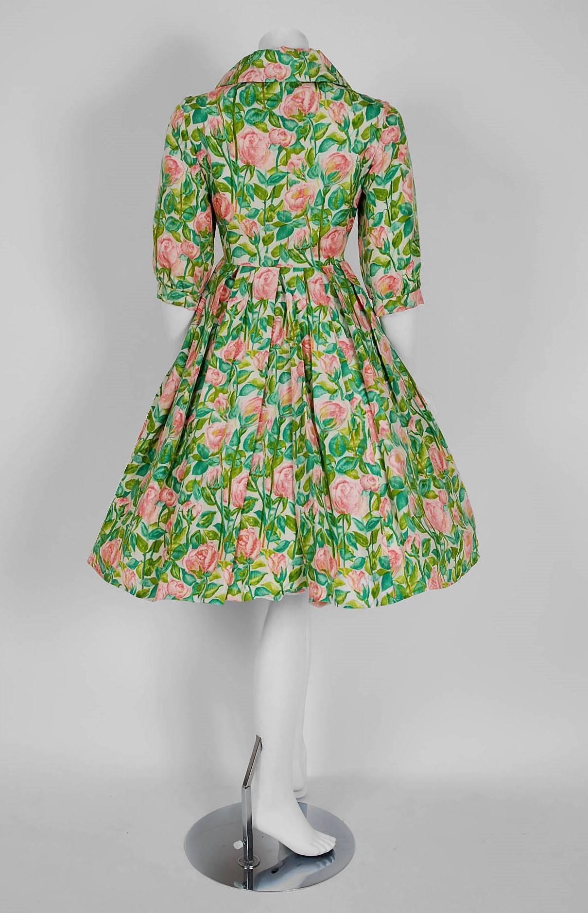1956 Christian Dior Demi-Couture Pink Roses Floral Silk Bow-Collar Full Dress In Excellent Condition In Beverly Hills, CA