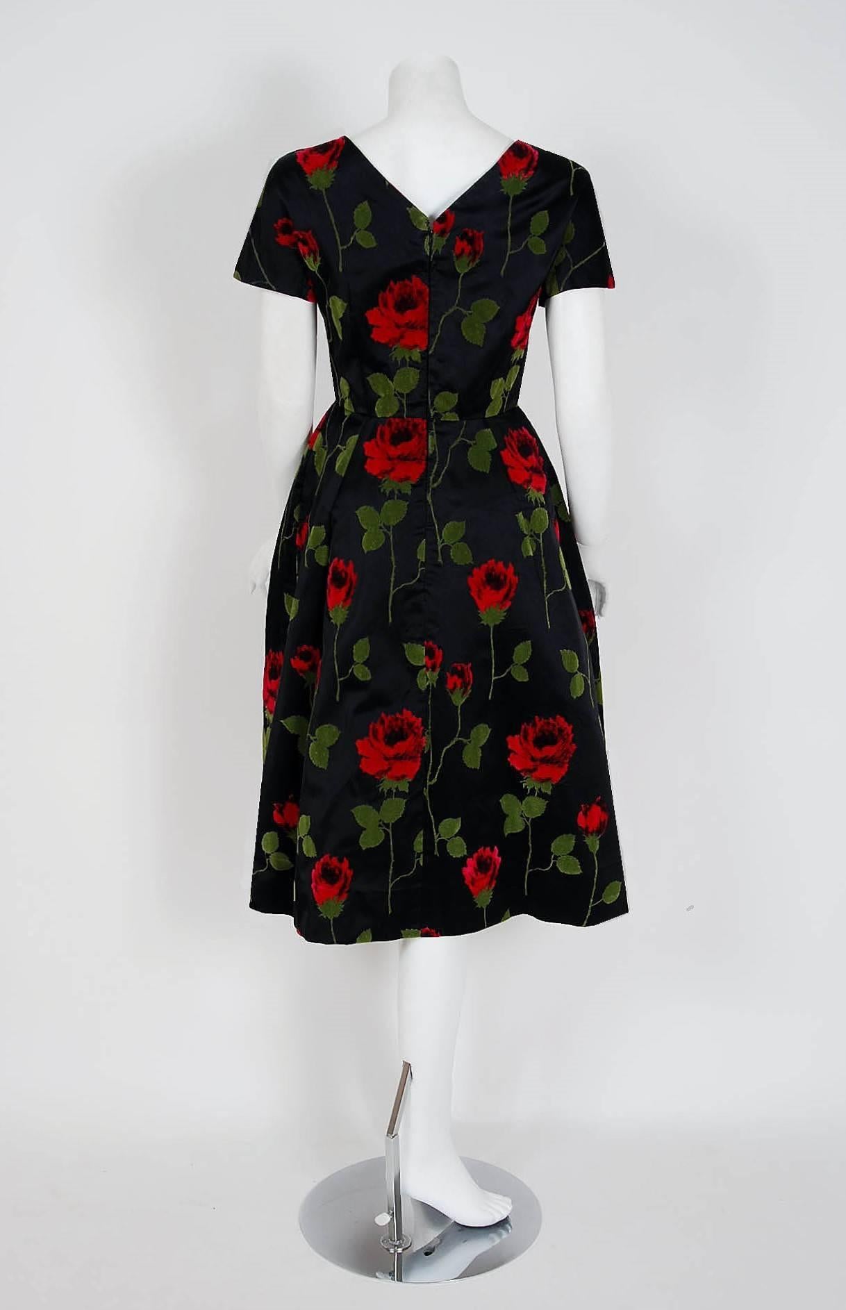 1950's Serge Sinclair Paris Couture Red-Roses Flocked Satin Sculpted Dress In Excellent Condition In Beverly Hills, CA