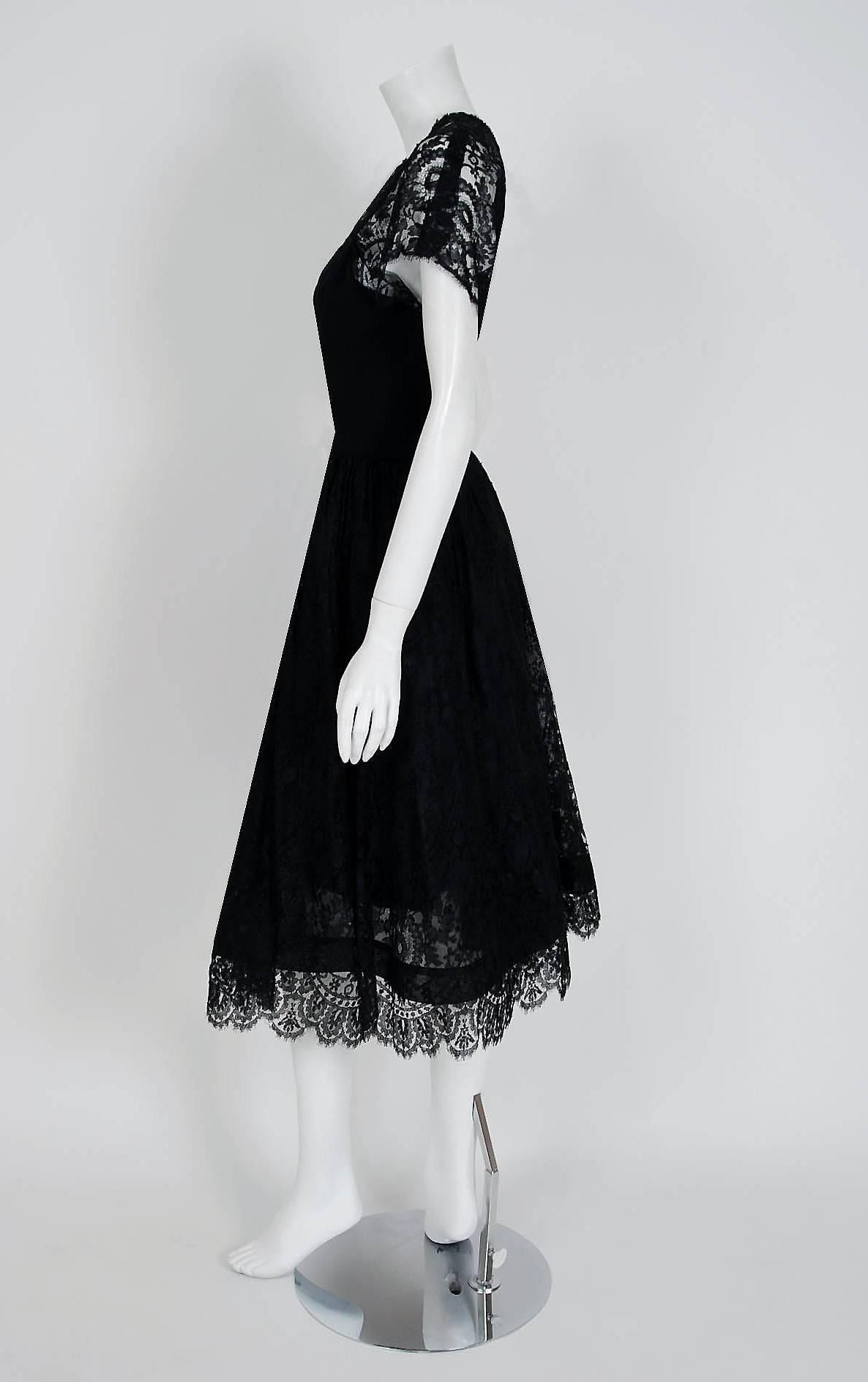 1950's Pauline Trigere Black Illusion Lace & Wool Crepe Cocktail Party Dress  1
