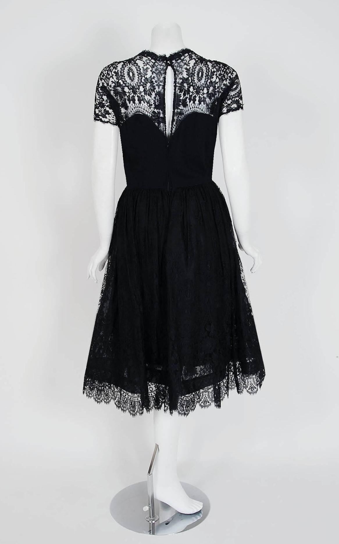 1950's Pauline Trigere Black Illusion Lace & Wool Crepe Cocktail Party Dress  2