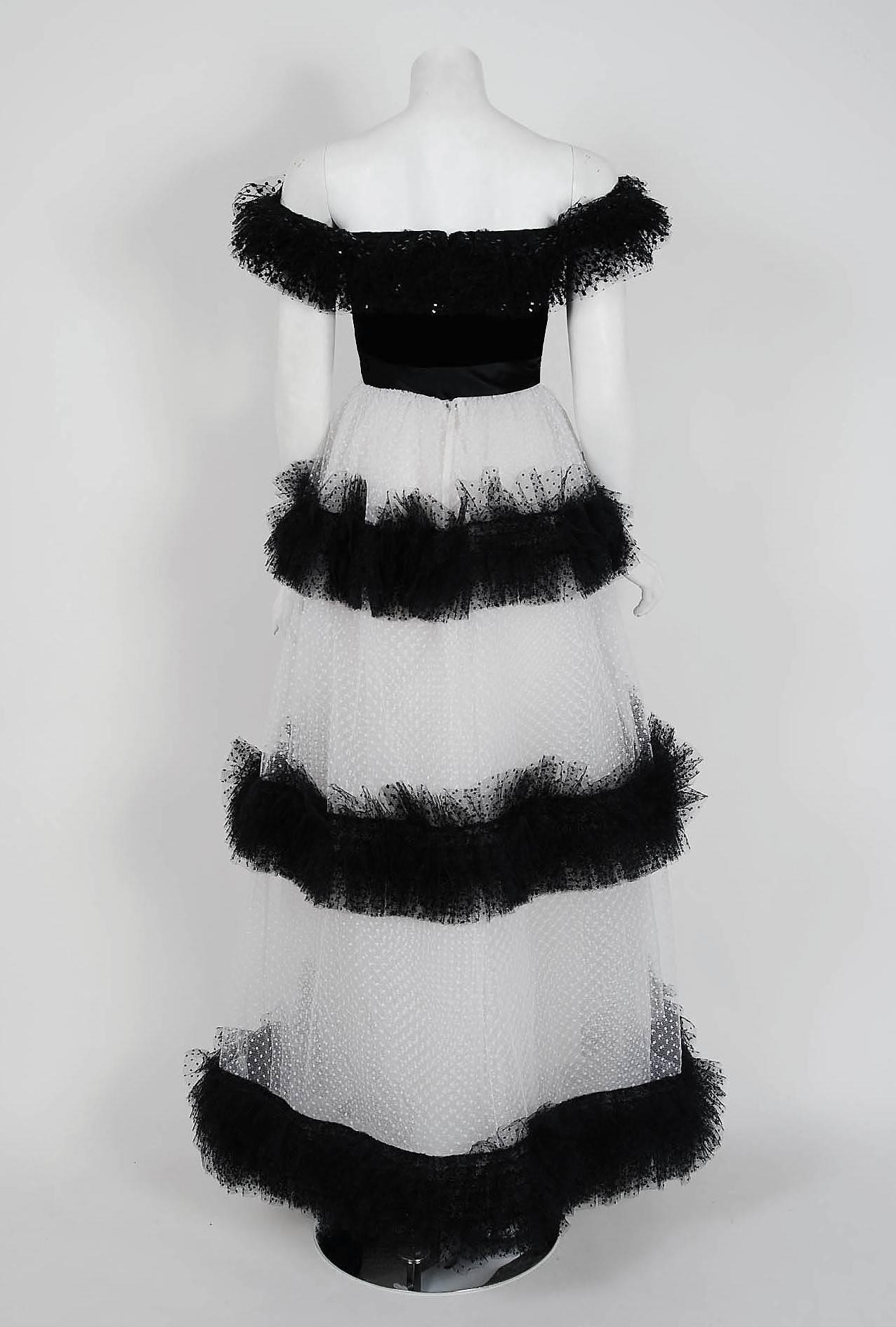 1968 Givenchy Haute-Couture Black & White Sequin Tulle Off-Shoulder Formal Gown 1