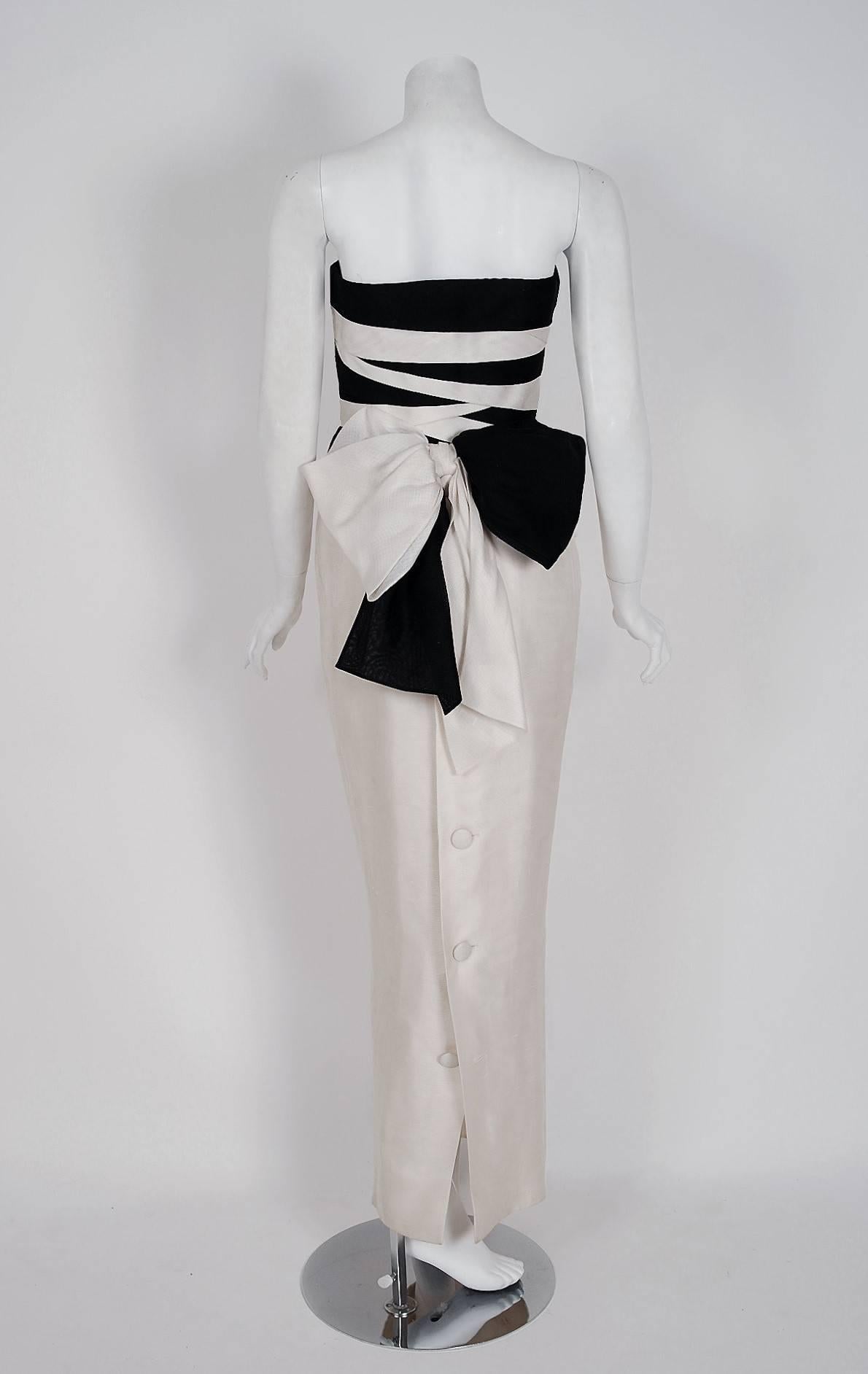 Women's 1983 Christian Dior Haute-Couture Black & White Strapless Pleated Silk Gown