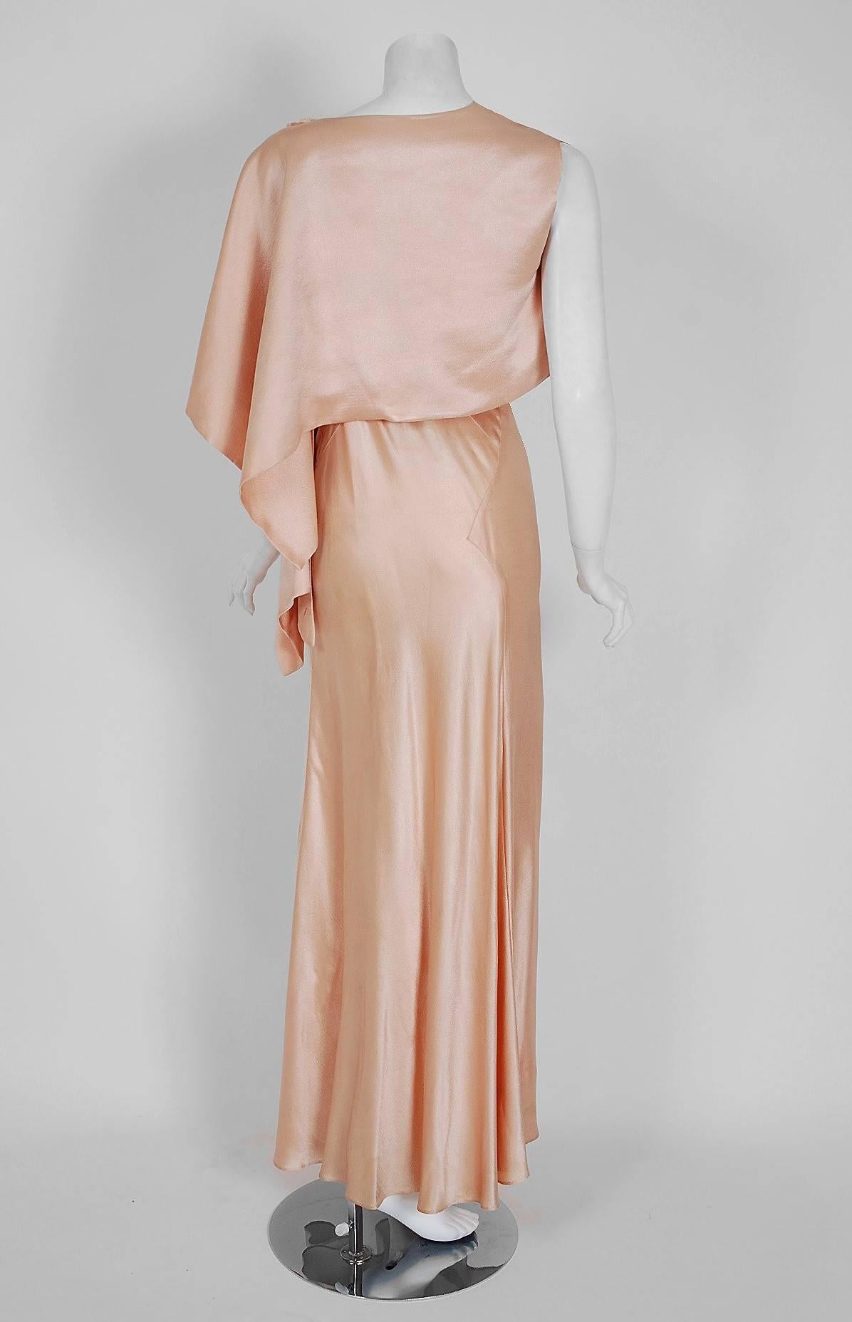 1930's Champagne-Pink Silk Floral Bias-Cut Applique Gown & Asymmetric Bolero 1