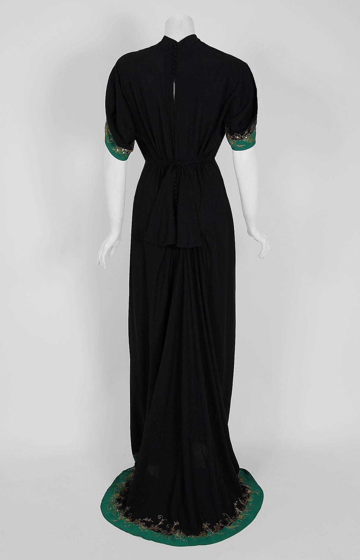 1930's Black Metallic-Embroidered Sequin Rayon Deco Winged-Sleeve Trained Gown 3