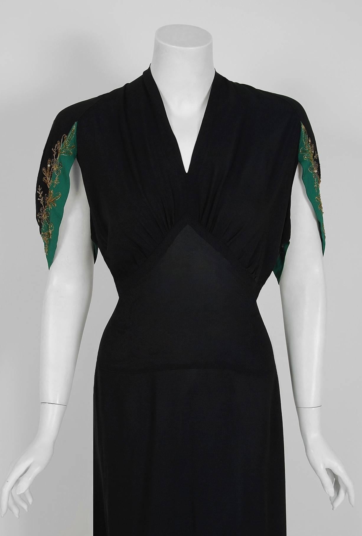 1930's Black Metallic-Embroidered Sequin Rayon Deco Winged-Sleeve Trained Gown In Excellent Condition In Beverly Hills, CA