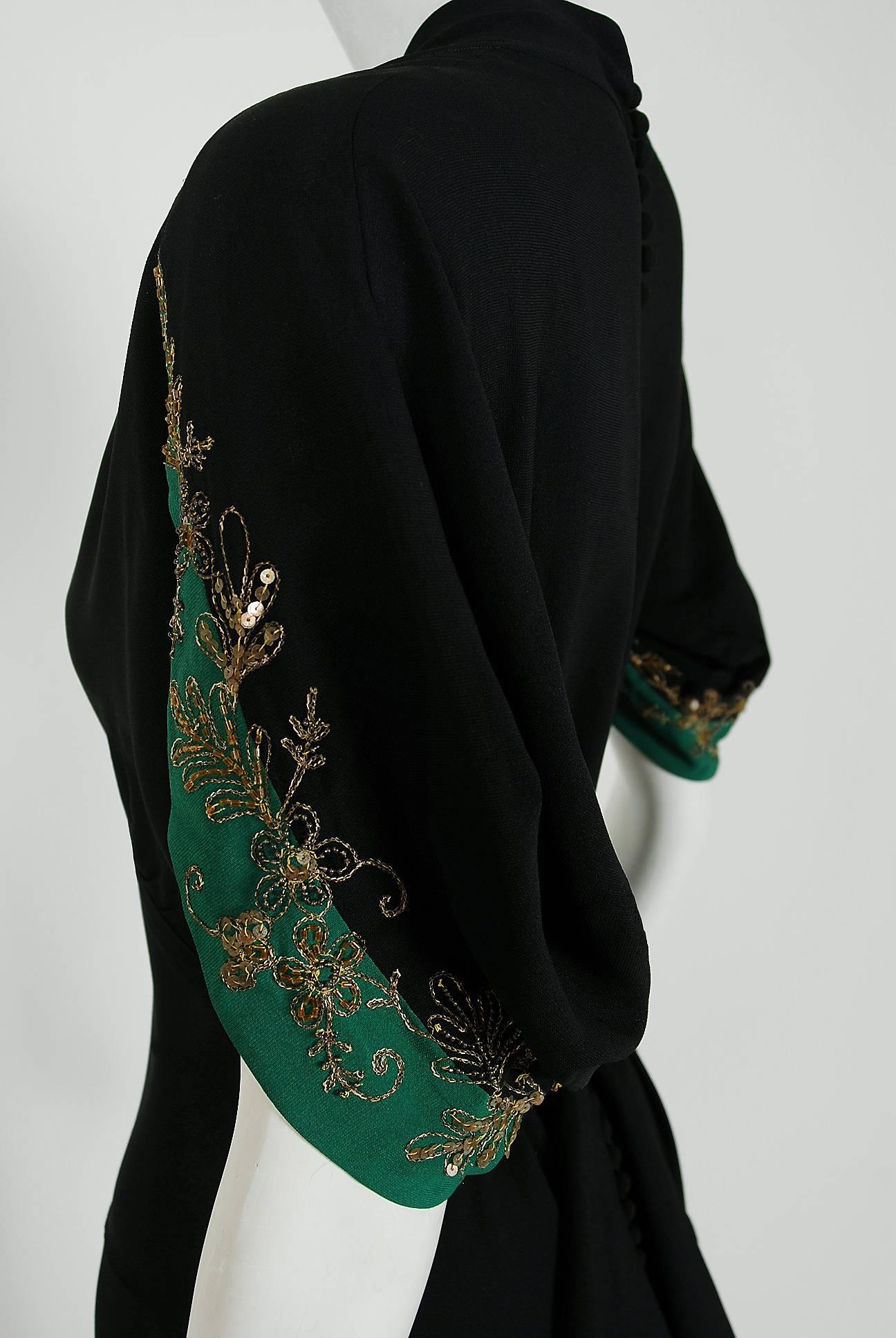 Women's 1930's Black Metallic-Embroidered Sequin Rayon Deco Winged-Sleeve Trained Gown