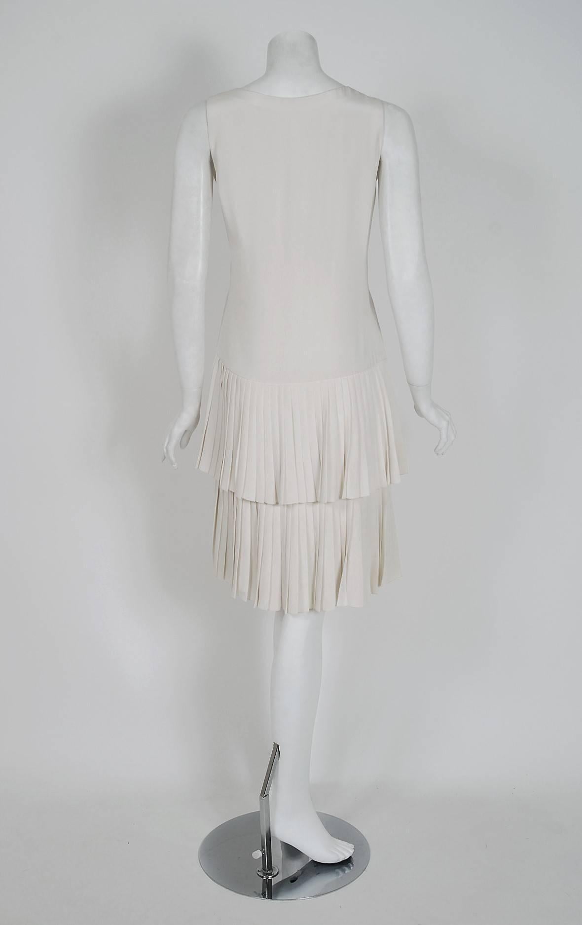Vintage 1980 Christian Dior Haute Couture Ivory Silk Pleated Drop-Waist Dress  For Sale 1