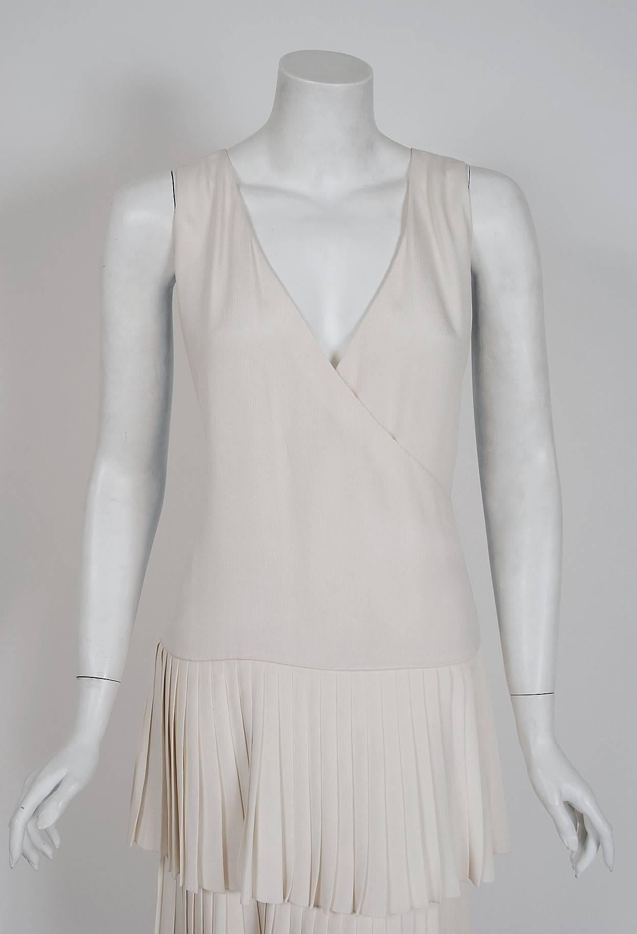 White Vintage 1980 Christian Dior Haute Couture Ivory Silk Pleated Drop-Waist Dress  For Sale