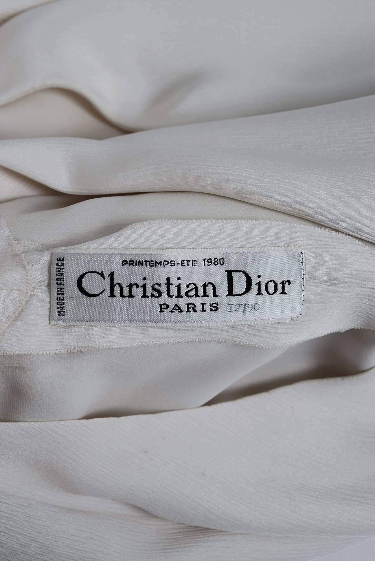 Vintage 1980 Christian Dior Haute Couture Ivory Silk Pleated Drop-Waist Dress  For Sale 2