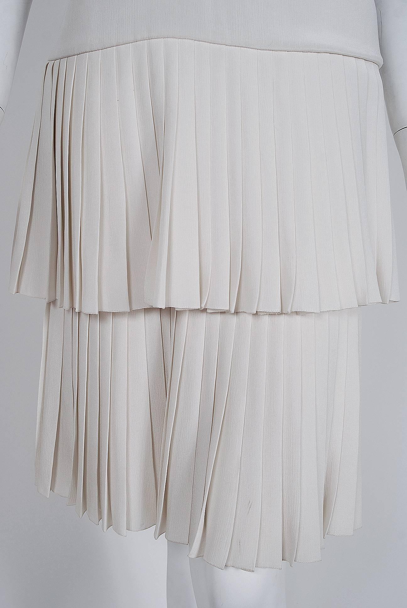 Women's Vintage 1980 Christian Dior Haute Couture Ivory Silk Pleated Drop-Waist Dress  For Sale