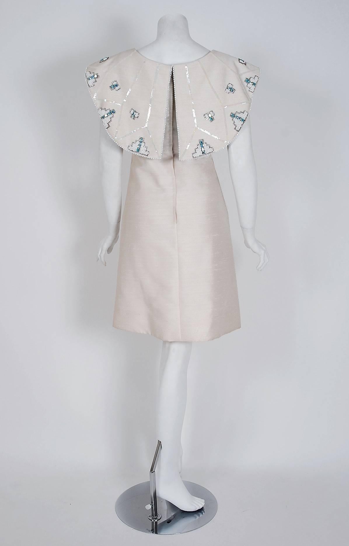 Women's 1960's Mr. Blackwell Ivory-Silk Beaded Rhinestone Shawl-Collar Mod Party Dress