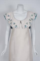 1960's Mr. Blackwell Ivory-Silk Beaded Rhinestone Shawl-Collar Mod Party Dress