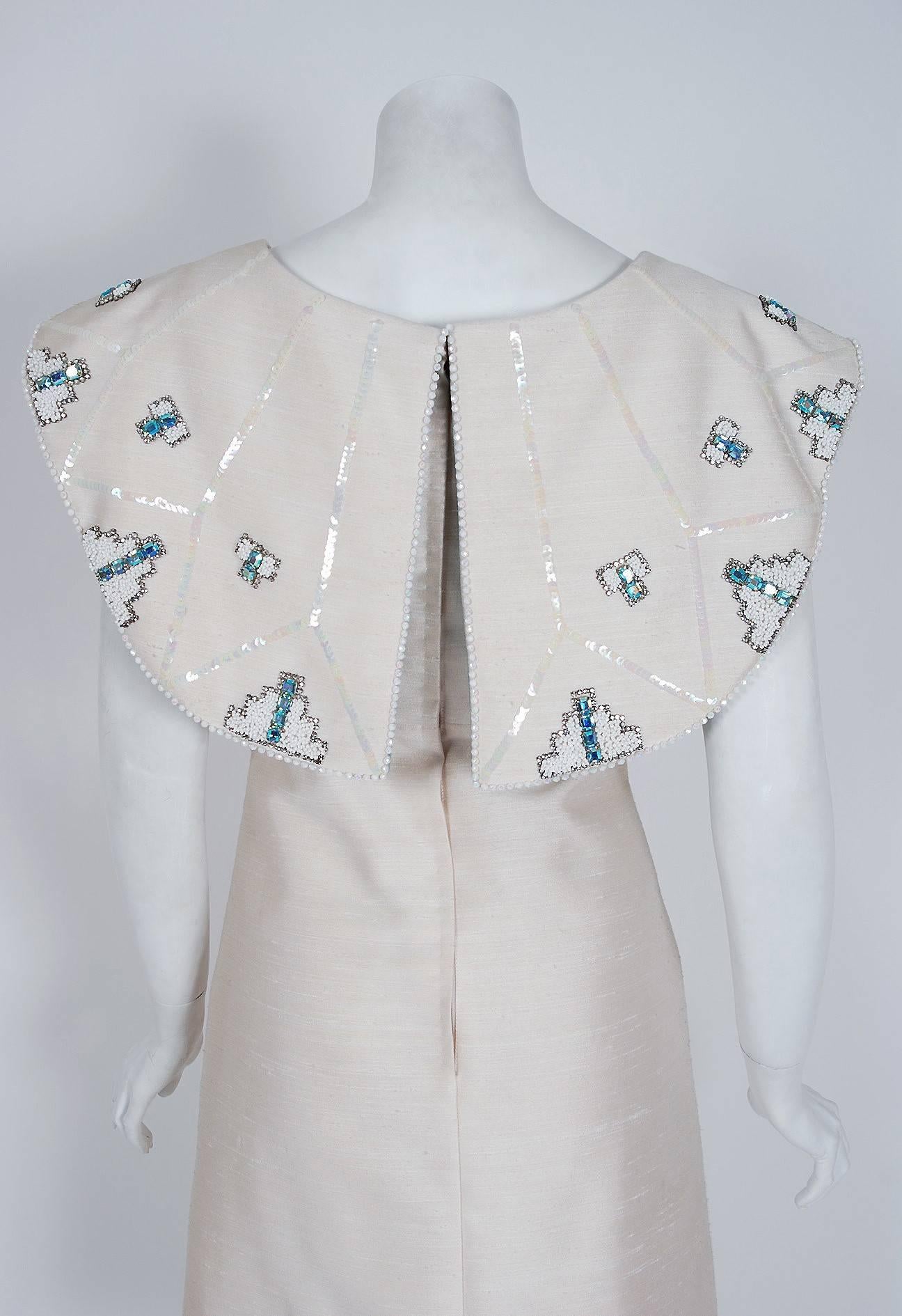 1960's Mr. Blackwell Ivory-Silk Beaded Rhinestone Shawl-Collar Mod Party Dress 1