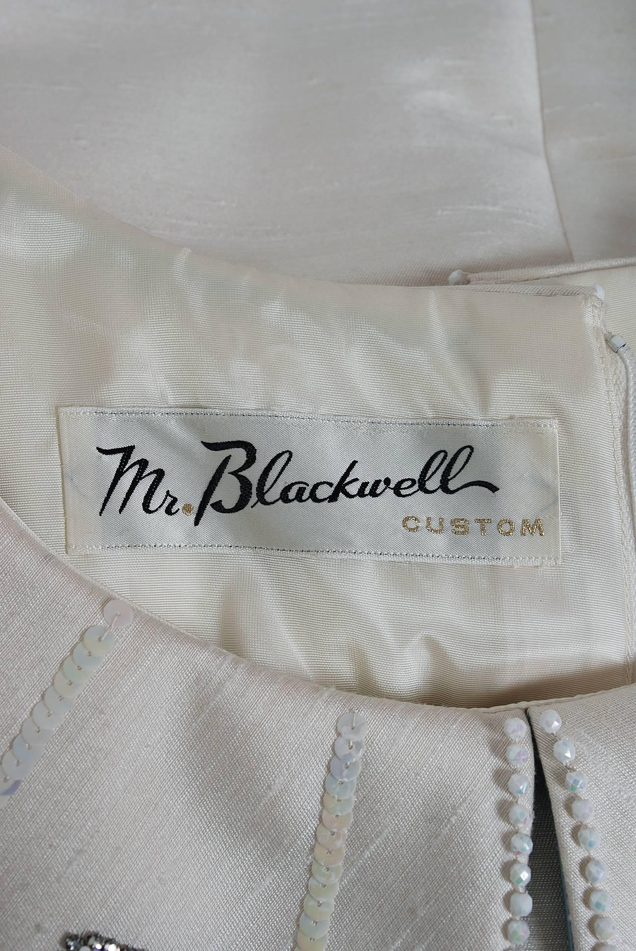 1960's Mr. Blackwell Ivory-Silk Beaded Rhinestone Shawl-Collar Mod Party Dress 2