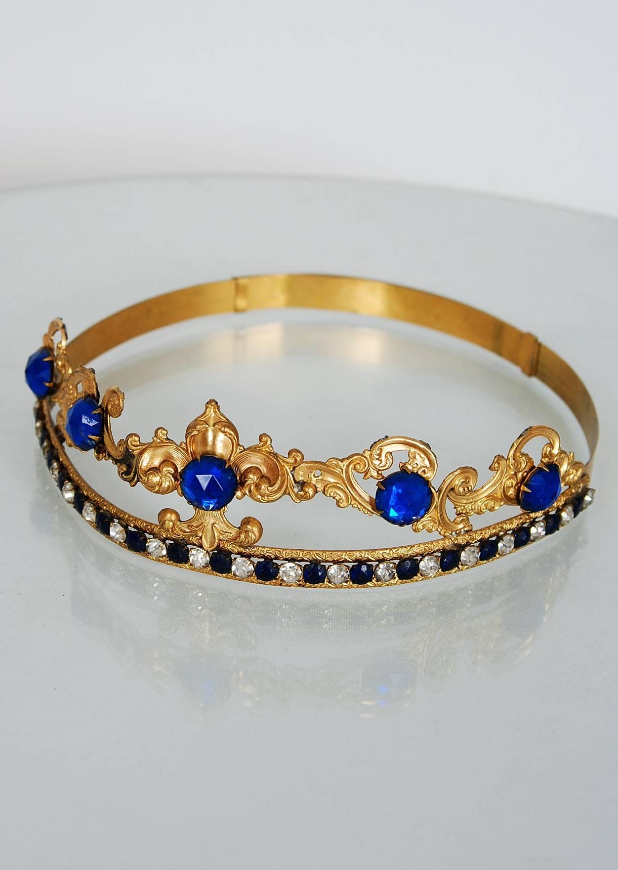 1920's French Fleur-De-Lis Blue Jeweled Gold Brass Deco Flapper Tiara Headpiece 1