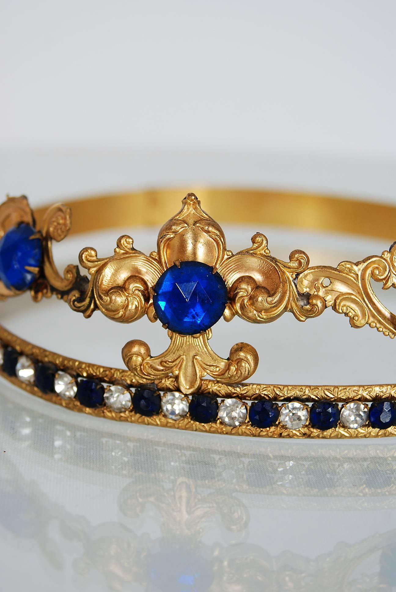 Women's 1920's French Fleur-De-Lis Blue Jeweled Gold Brass Deco Flapper Tiara Headpiece