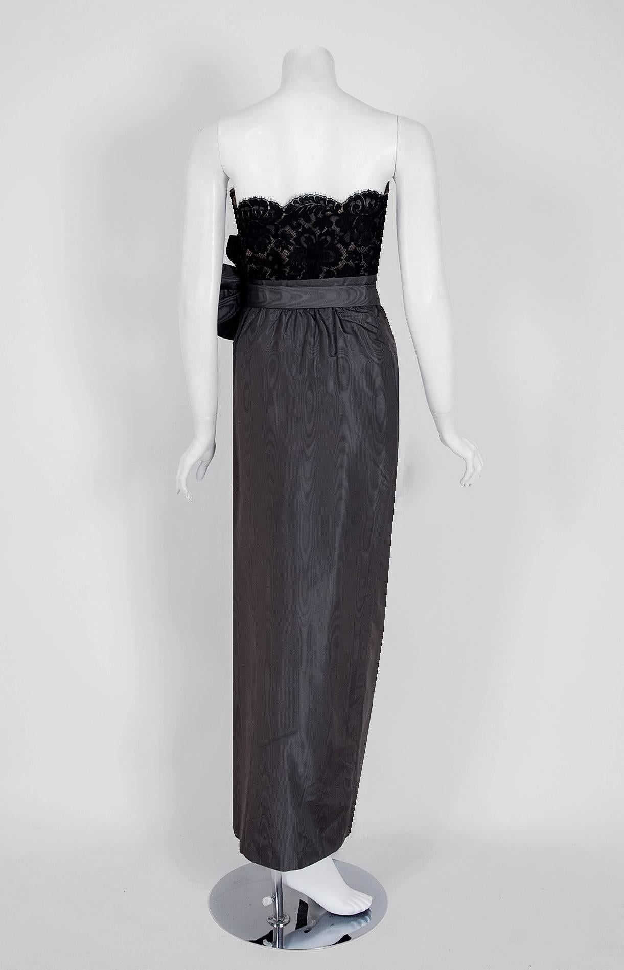 Women's 1982 Christian Dior Haute-Couture Lace Illusion & Charcoal Silk Strapless Gown