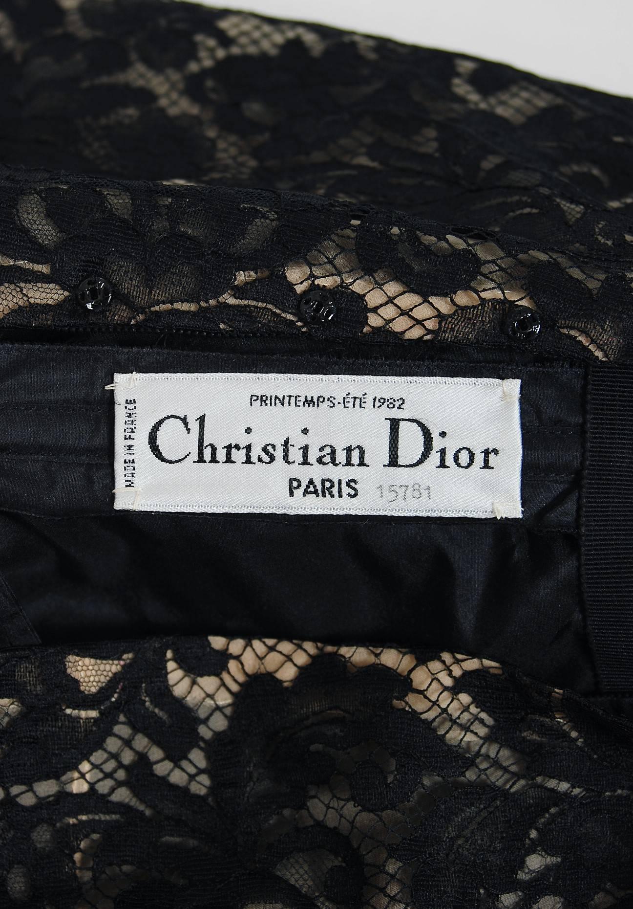 1982 Christian Dior Haute-Couture Lace Illusion & Charcoal Silk Strapless Gown 1
