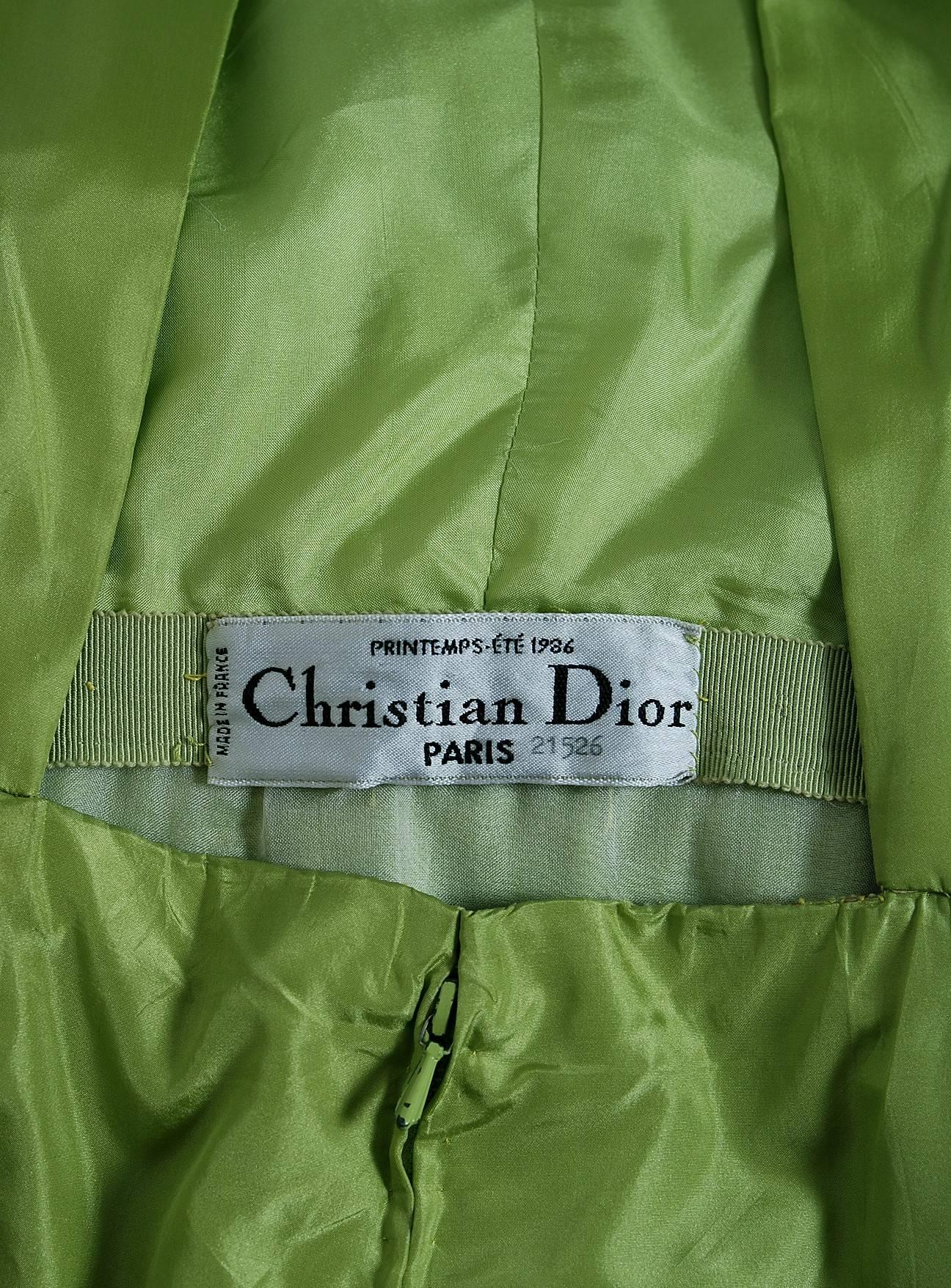 Green 1986 Christian Dior Haute-Couture Chartreuse Silk Belted Hourglass Flounce Gown
