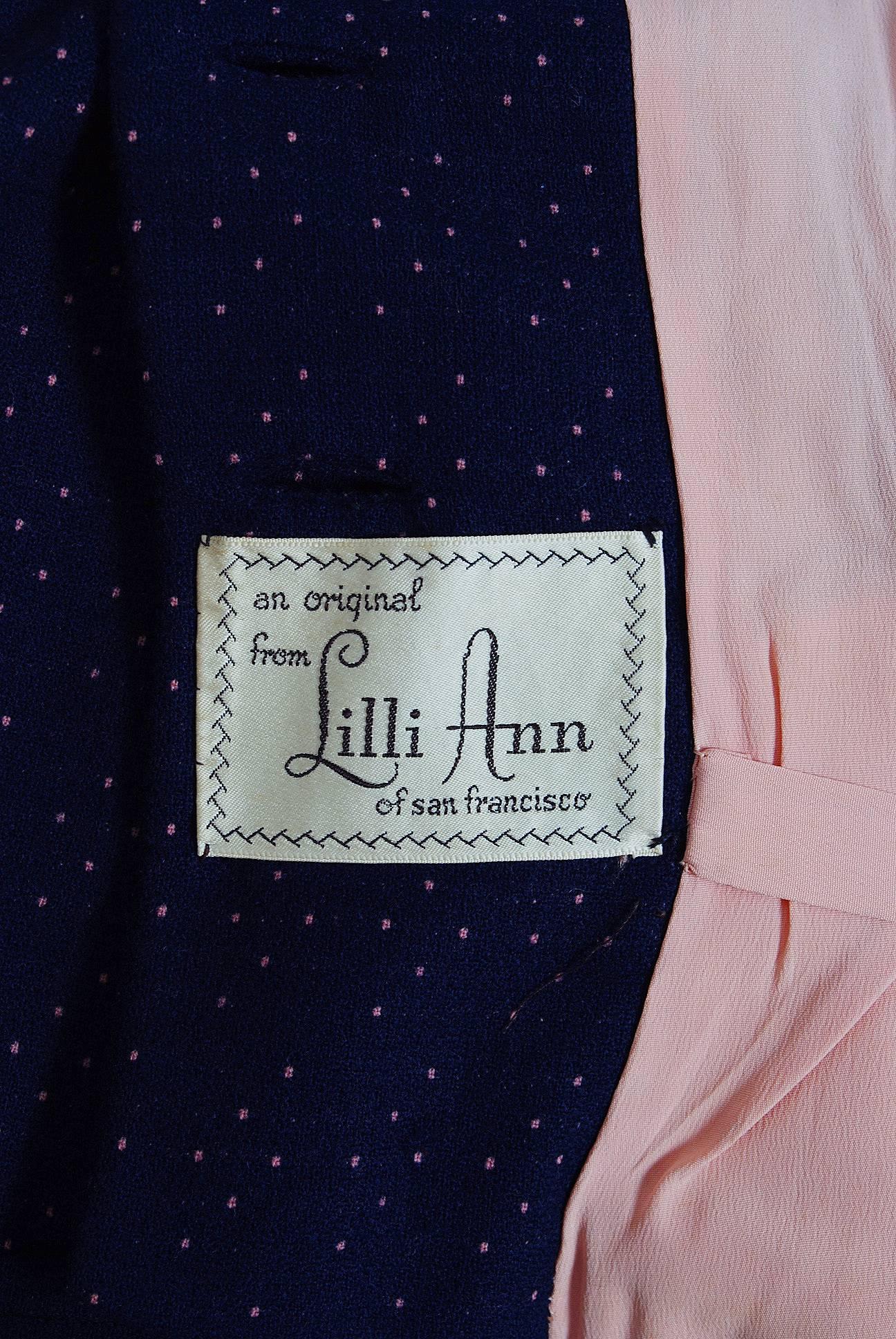 1950's Lilli-Ann Navy & Pink Polka-Dot Wool Peplum Winged-Sleeve Hourglass Suit 1