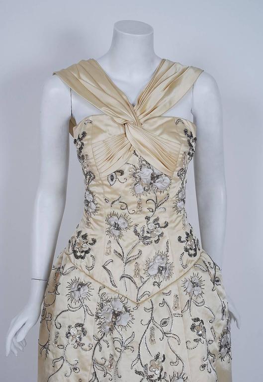 Vintage 1950's Pierre Balmain Creme Beaded Embroidered Silk Bridal Gown For Sale at 1stDibs | balmain bridal, balmain wedding dress, vintage balmain