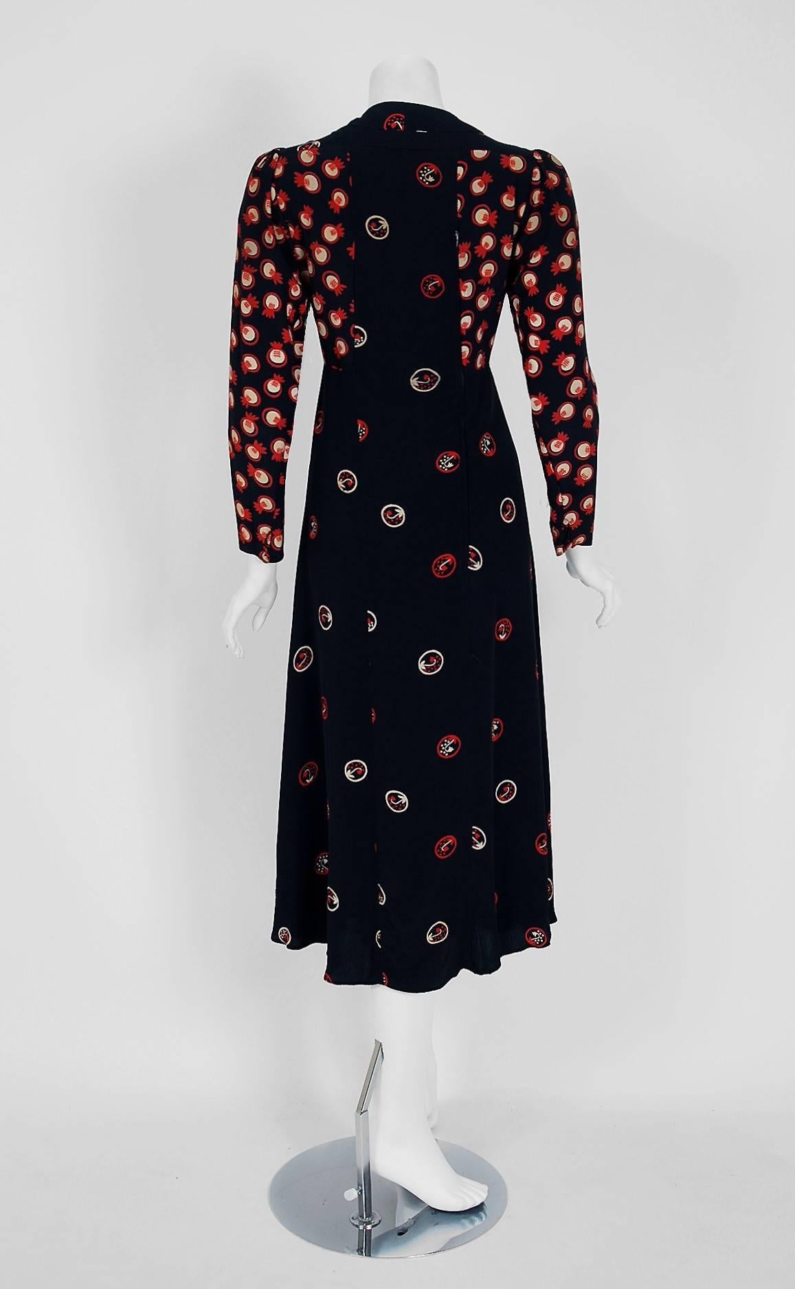 1974 Ossie Clark Black & Red Celia Birtwell Novelty Print Rayon Pleated Dress 1