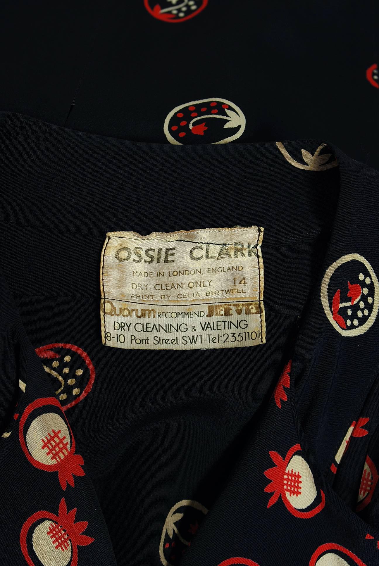 1974 Ossie Clark Black & Red Celia Birtwell Novelty Print Rayon Pleated Dress 2