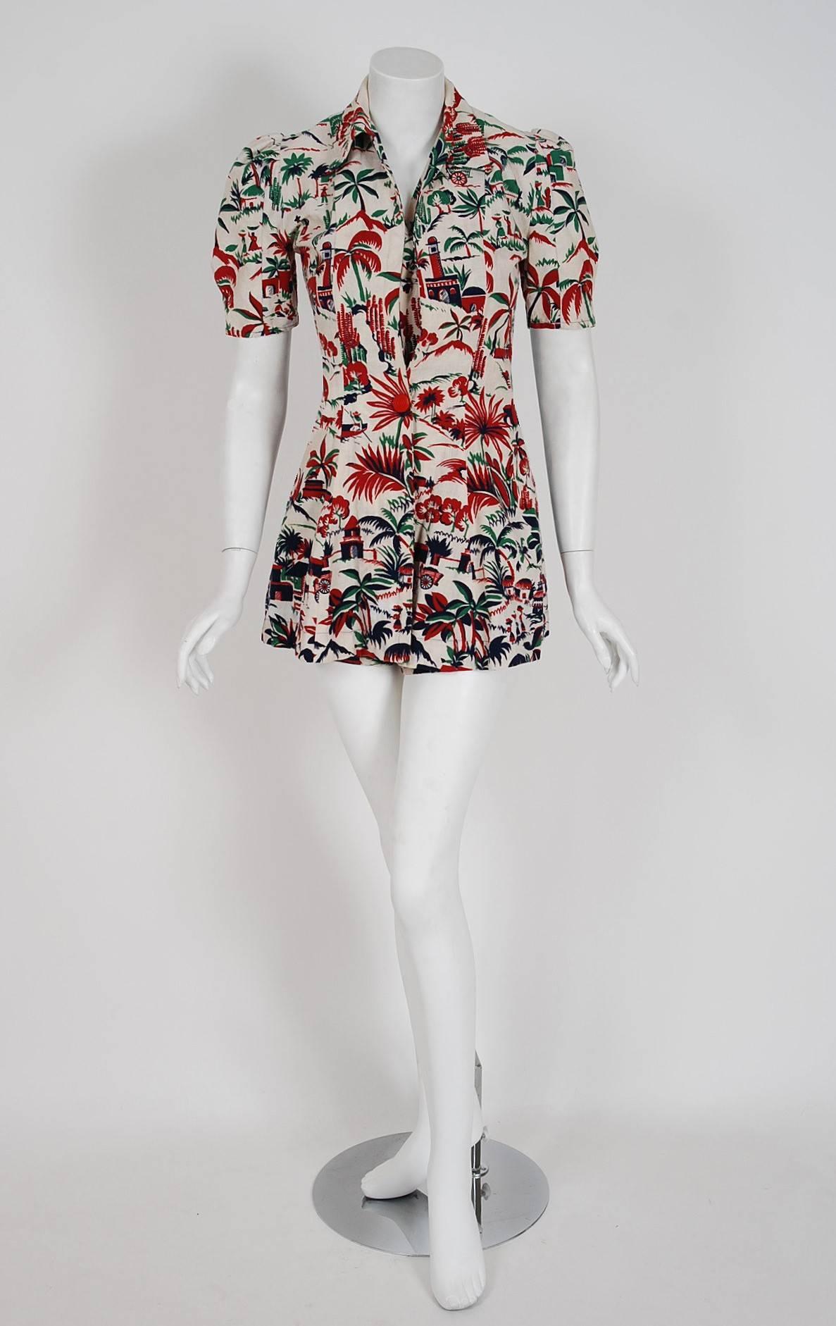 1940's Caribbean Novelty Print Linen Halter Playsuit Romper and Puff ...