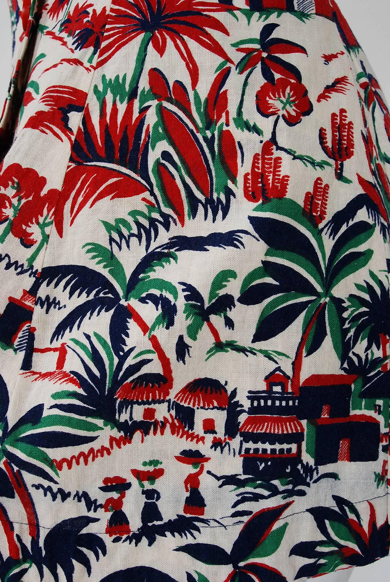 Women's 1940's Caribbean Novelty Print Linen Halter Playsuit Romper & Puff-Sleeve Jacket