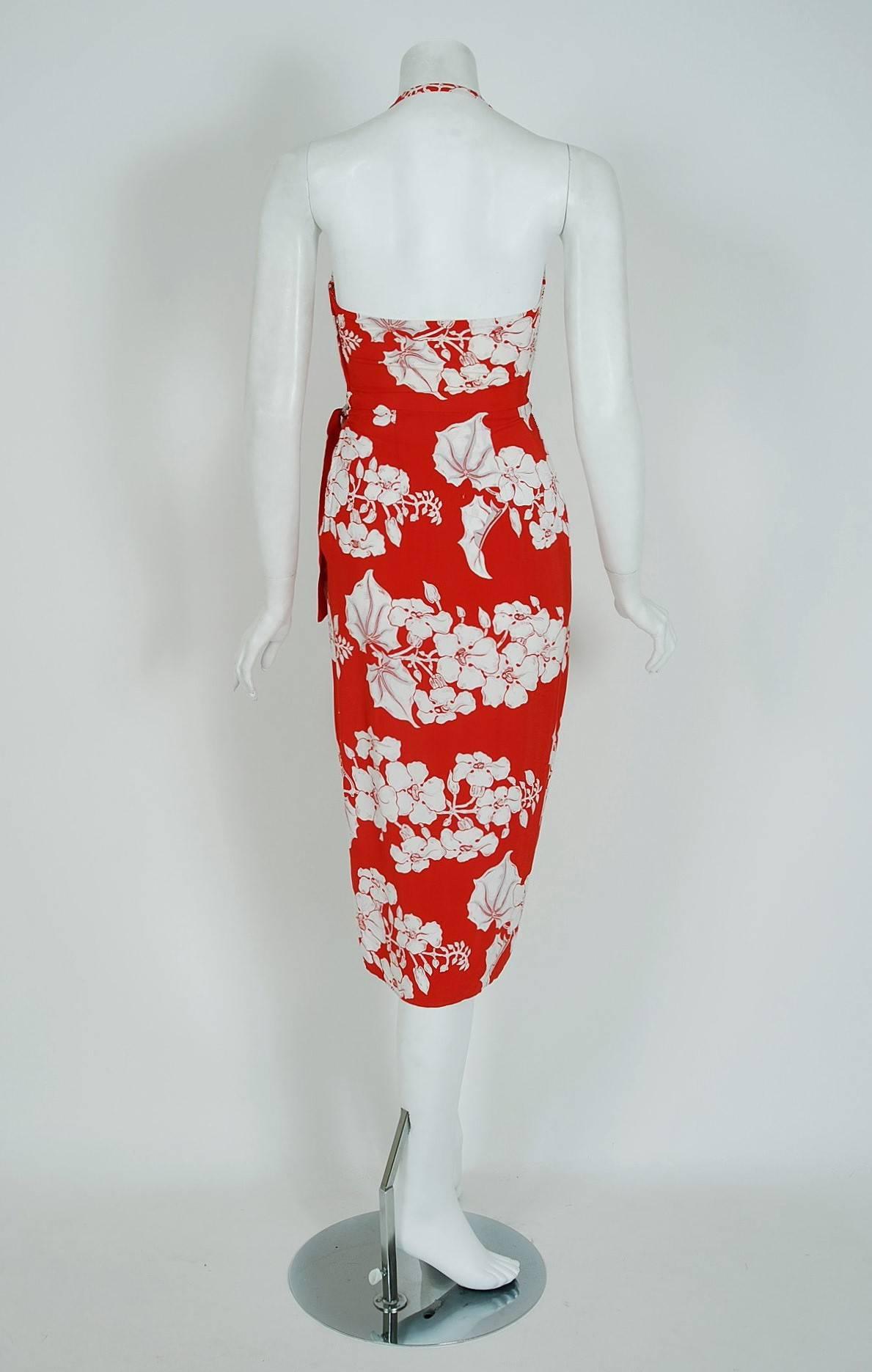 Vintage 1940's Kamehameha Hawaiian Red & White Floral Rayon Halter Dress Set In Good Condition In Beverly Hills, CA