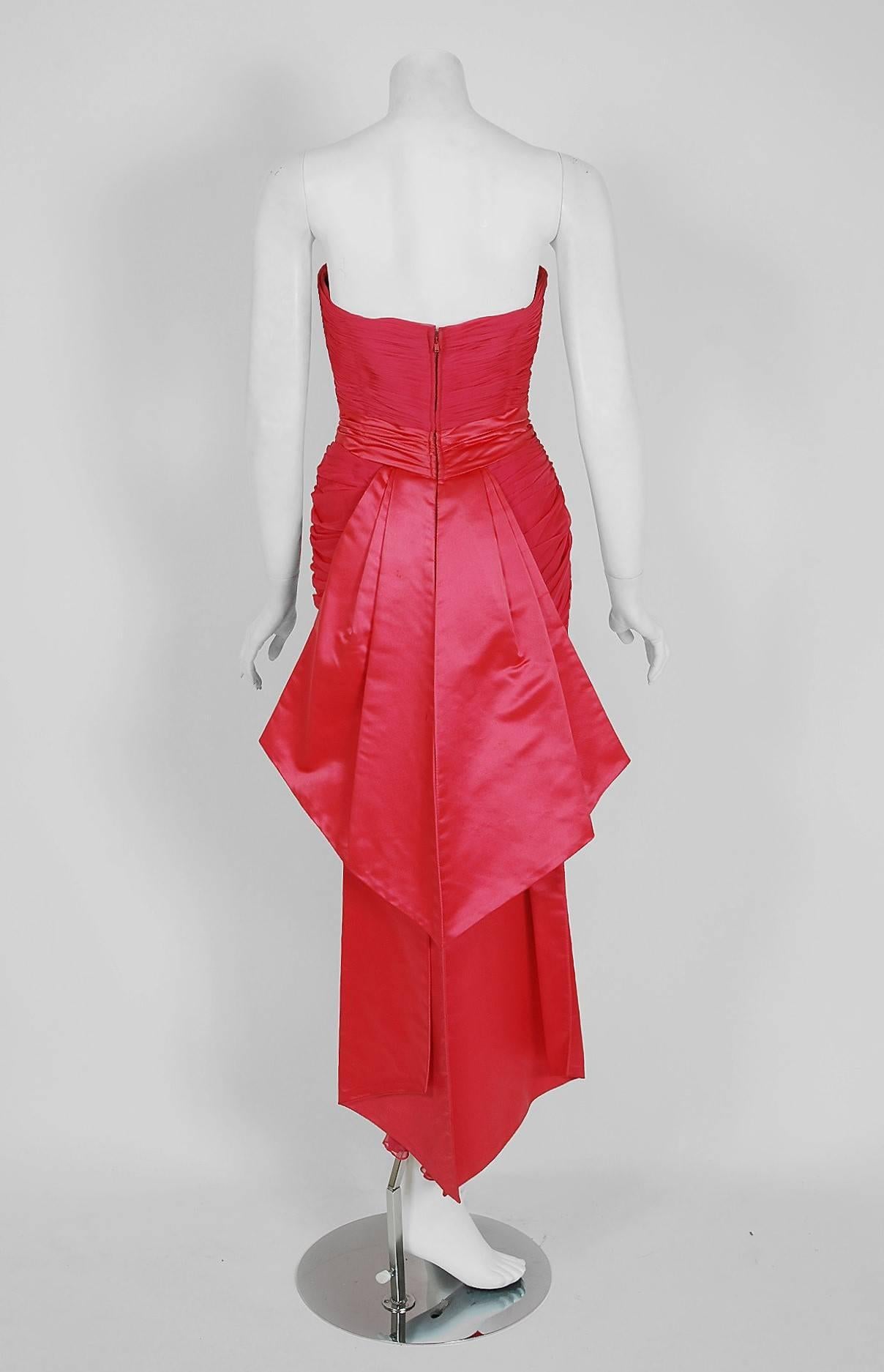 Red 1950's Couture Magenta-Pink Ruched Silk Chiffon Strapless Fishtail Dress Gown