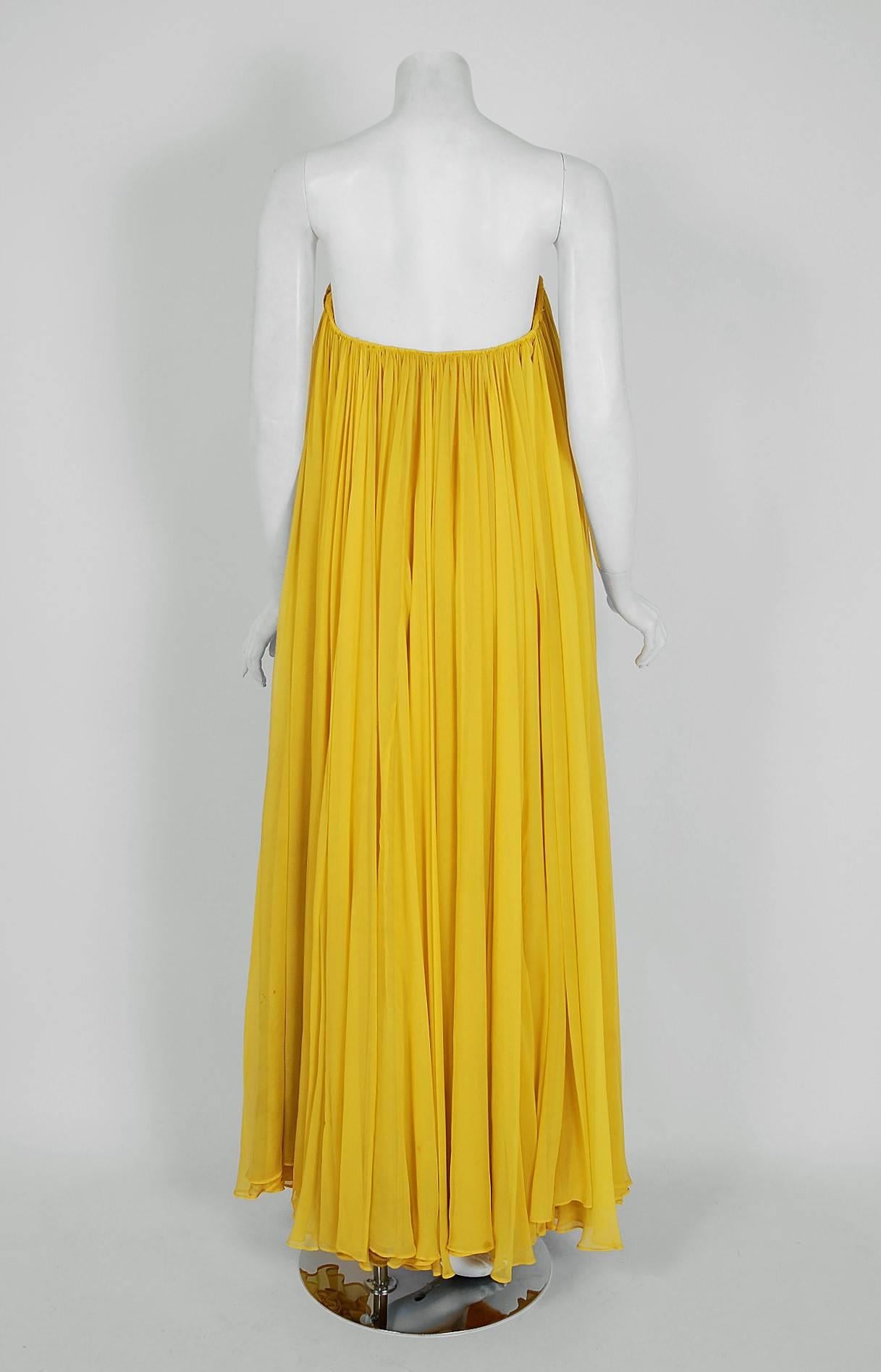 1950's Estevez Ruched Yellow Silk-Chiffon Strapless Trained Hourglass Gown  1