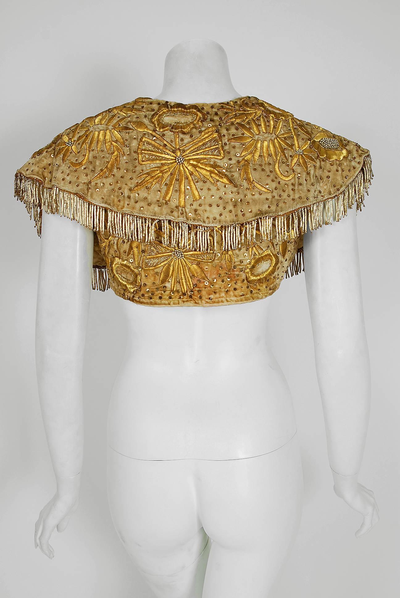 Men's 1910's Ottoman Empire Metallic-Gold Beaded Embroidered Fringe Bolero Jacket