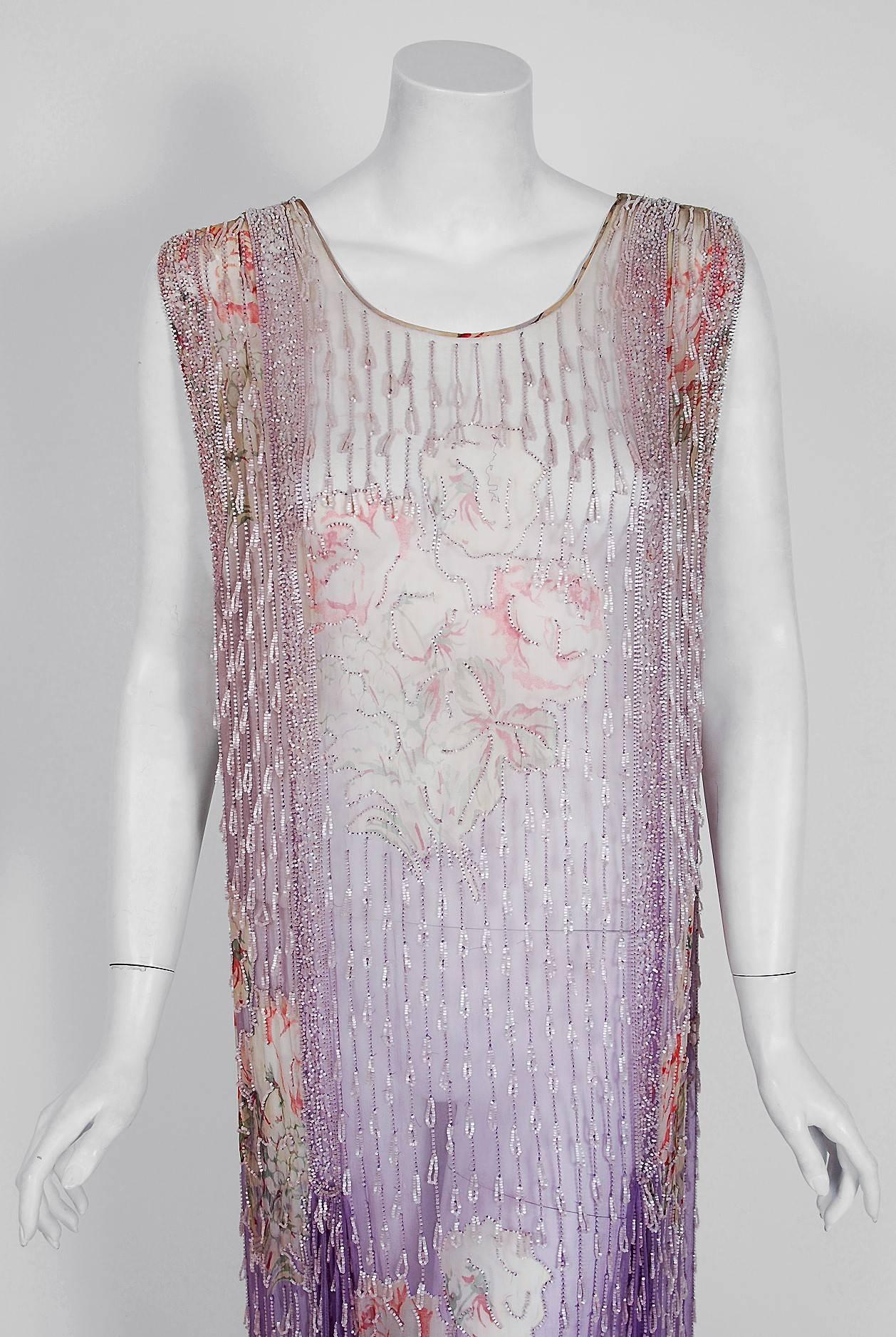 There are lots of lovely 1920's garments still around, but every once in a while I come across one that sets my heart a flutter! This is an extraordinarily beautiful and exceptional 1920's French couture museum quality silk-chiffon dance dress. The