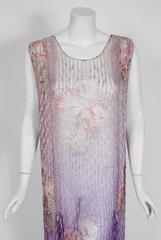 1920's Watercolor Roses Floral Garden Beaded Purple Silk-Chiffon Flapper Dress
