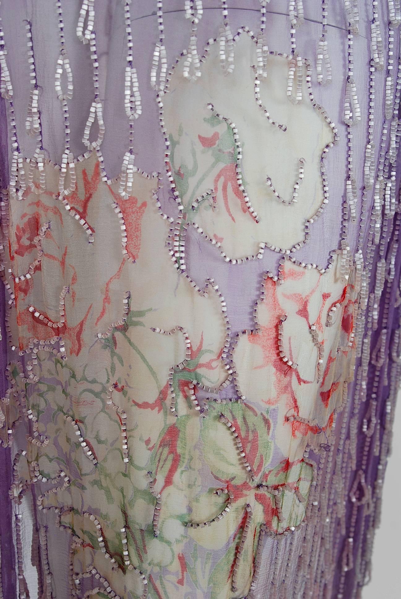 Gray 1920's Watercolor Roses Floral Garden Beaded Purple Silk-Chiffon Flapper Dress