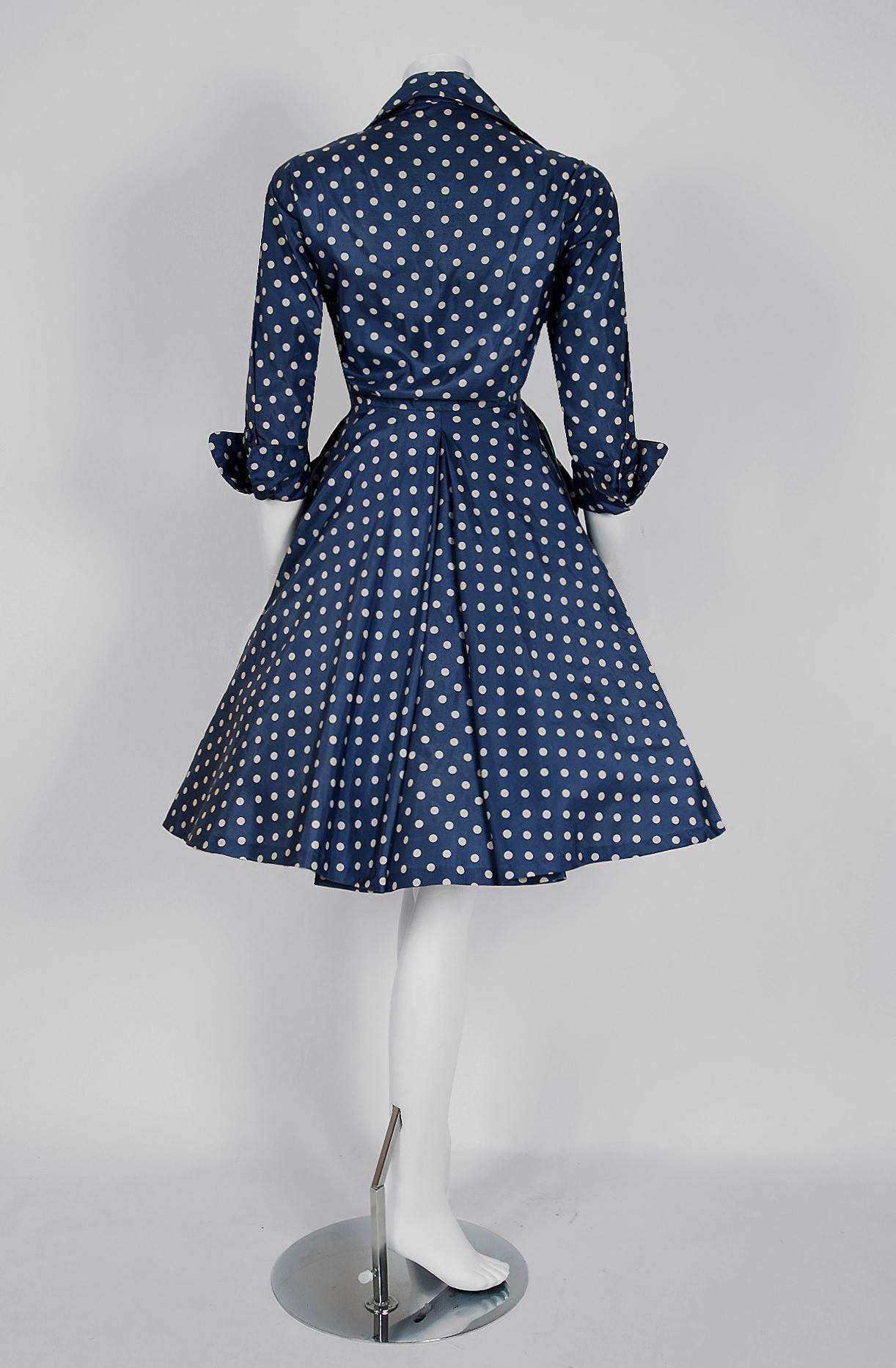 1954 Christian Dior Original Polka-Dot Blue & White Silk Circle-Skirt Dress In Excellent Condition In Beverly Hills, CA
