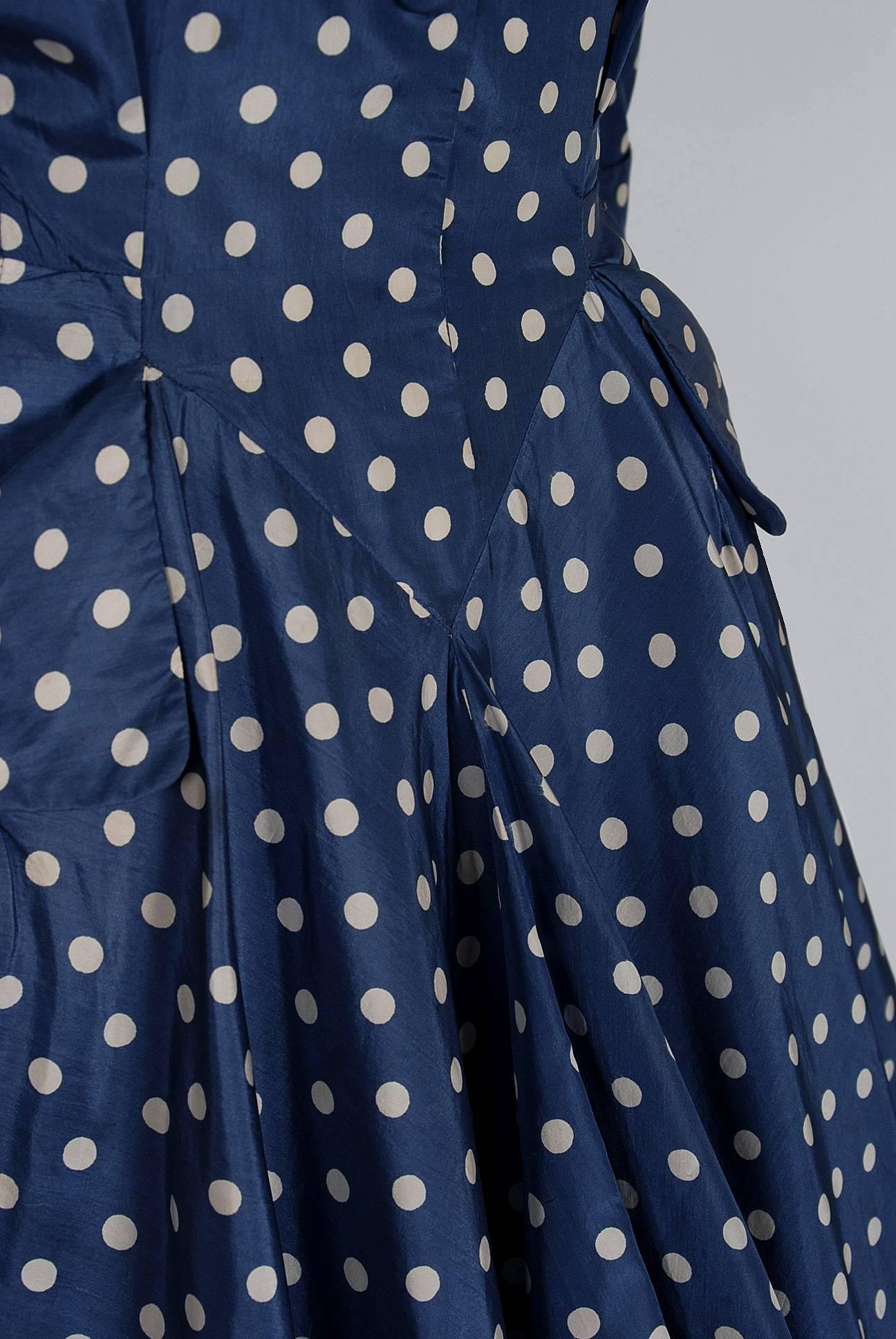1954 Christian Dior Original Polka-Dot Blue and White Silk Circle 