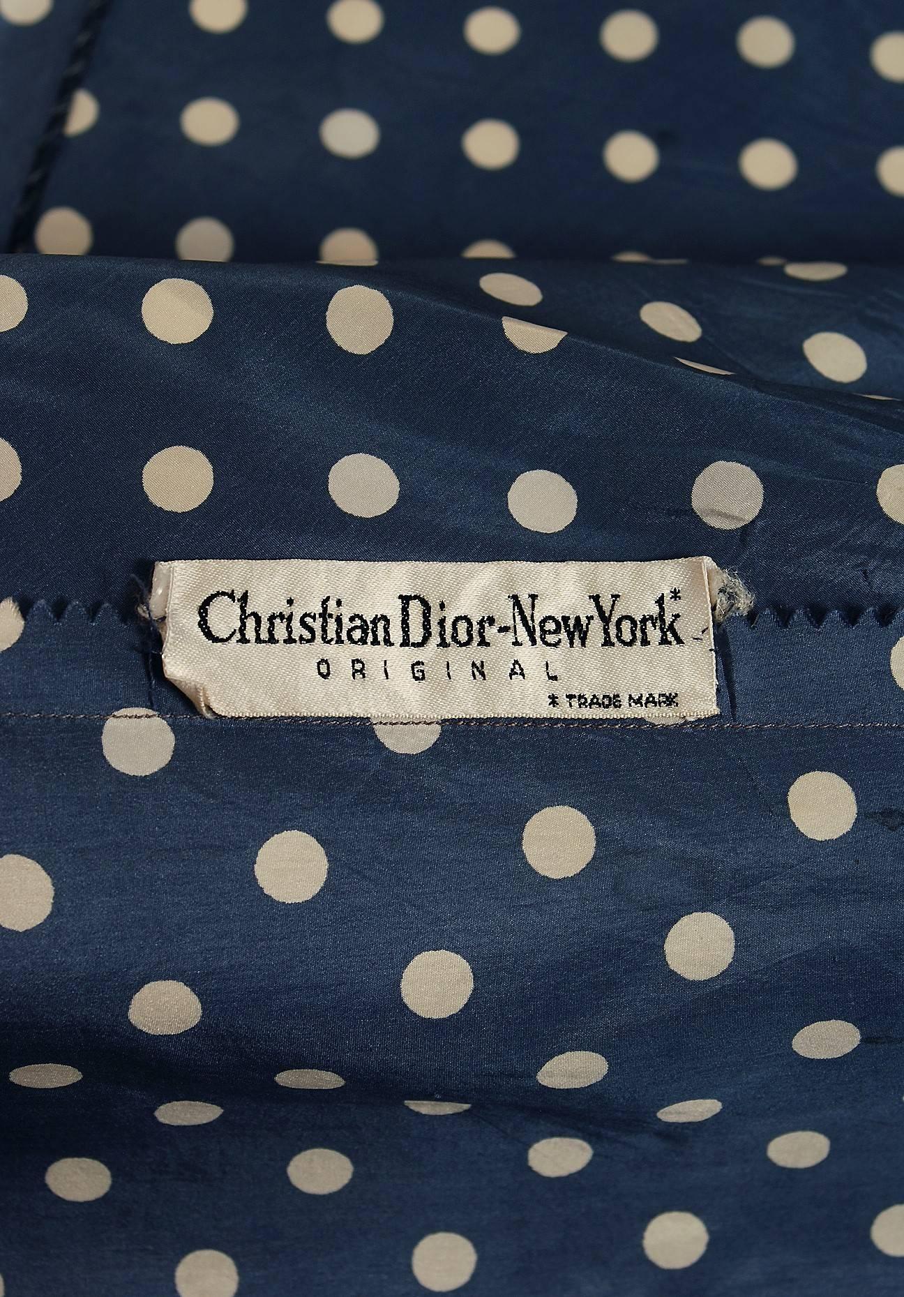 Women's 1954 Christian Dior Original Polka-Dot Blue & White Silk Circle-Skirt Dress