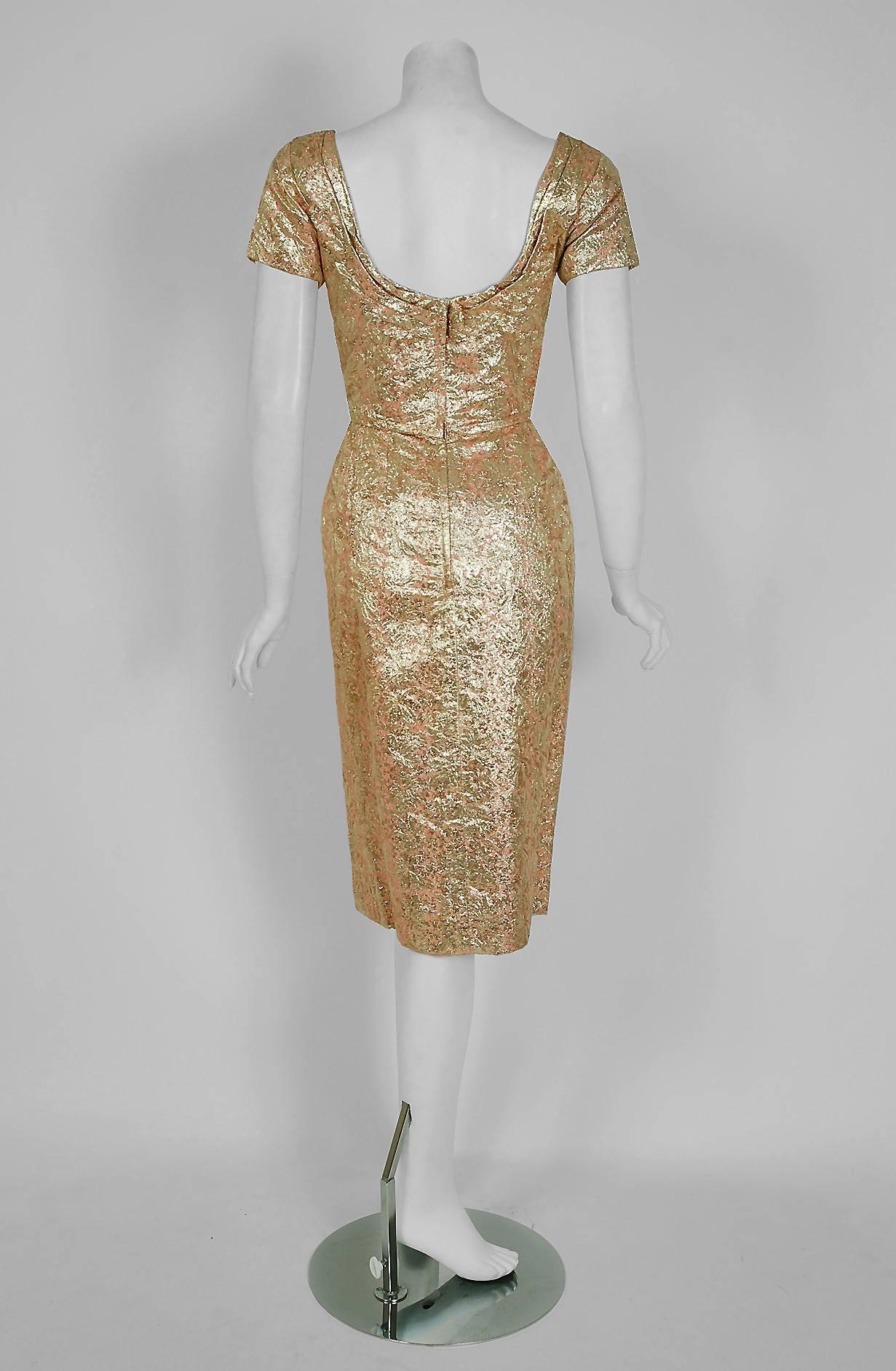 Women's 1950's Ceil Chapman Metallic-Gold Lame Ruched Hourglass Cocktail Dress w/Tags