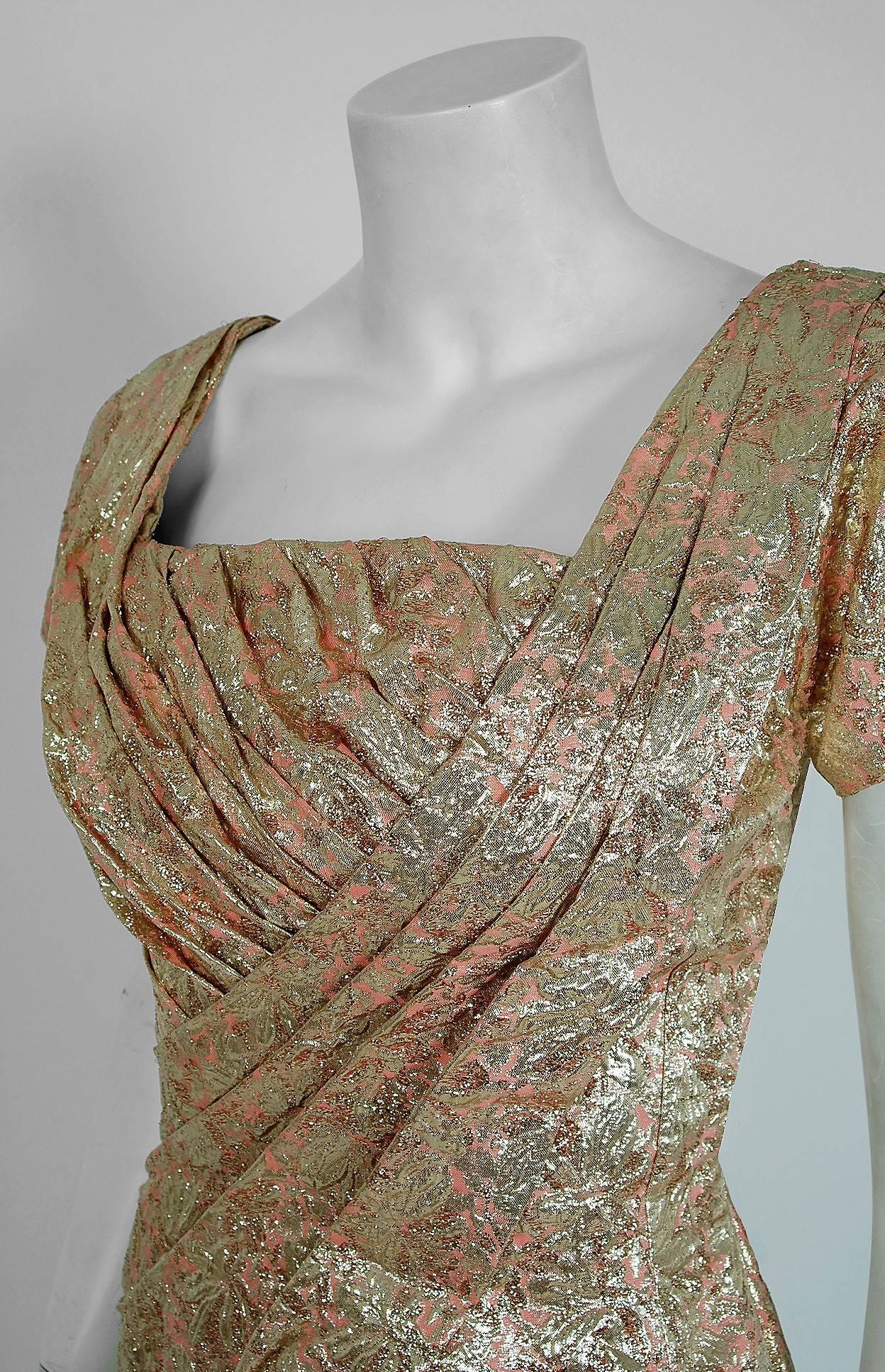 Brown 1950's Ceil Chapman Metallic-Gold Lame Ruched Hourglass Cocktail Dress w/Tags