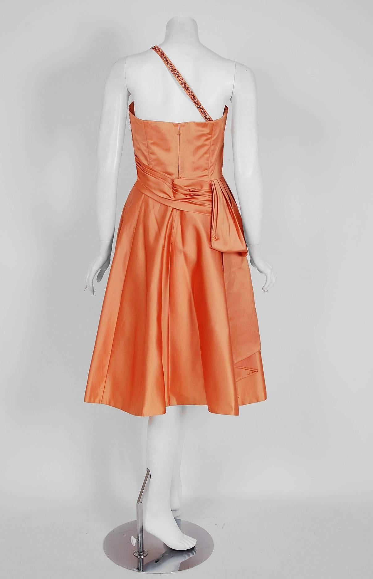 1950's Emma Domb Peach Beaded Satin Asymmetric One-Shoulder Cocktail Dress  1