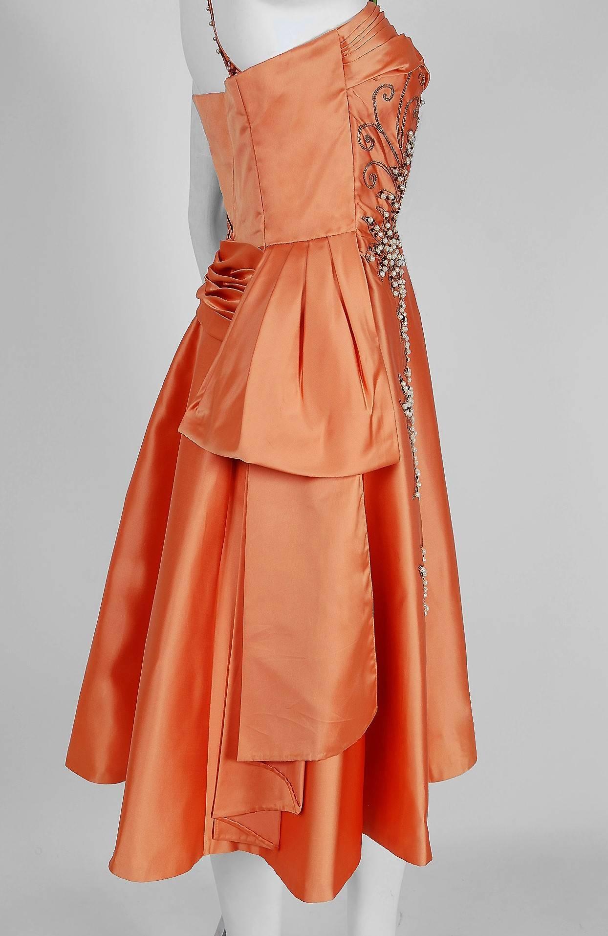 Women's 1950's Emma Domb Peach Beaded Satin Asymmetric One-Shoulder Cocktail Dress 